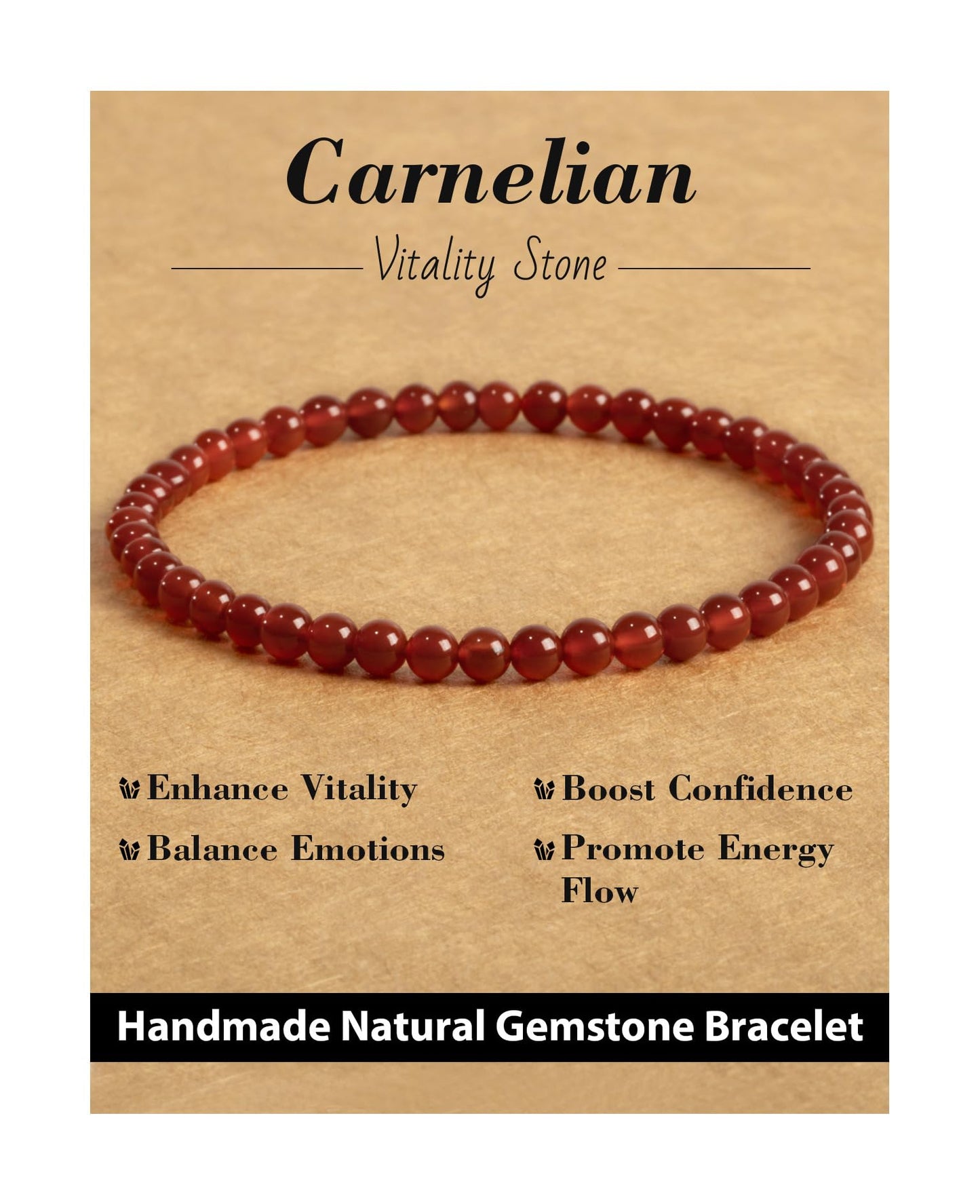 Landorilo Beaded Bracelet for Men Women, 4mm Natural Stone Carnelian Healing Crystal Stretch Bracelets, Ideal Christmas Birthday Jewelry Gifts with Energy Card，Replacement Beads Included