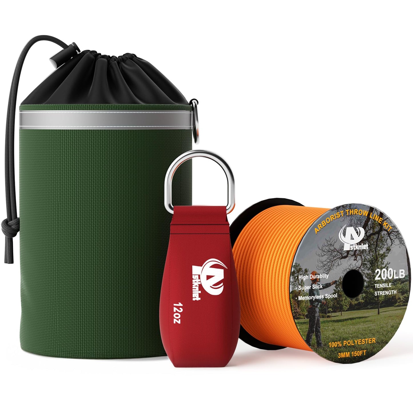 Aystkniet Arborist Throw Line Kit with Slick Rope & 12oz Throw Weight & Reflective Storage Bag, Polyester Throw Line and Reinforced Arborist Throw Ball Kit for High Limbs Trimming Cutting
