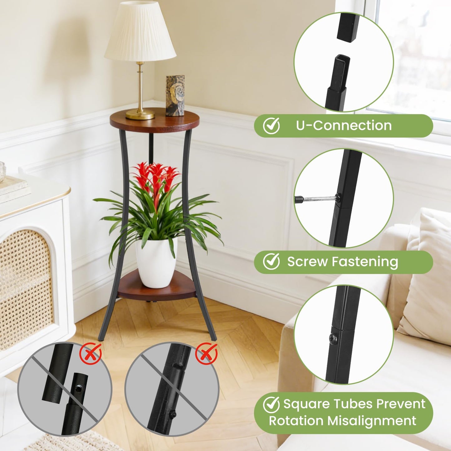 Yedcxup Tall Plant Stand Indoor, 2-Tier Wooden Corner Plant Shelf with Walnut Panel & Black Metal Frame, Easy Assembly No Misalignment, Waterproof for Indoor/Outdoor Use in Living Room, Balcony, Patio