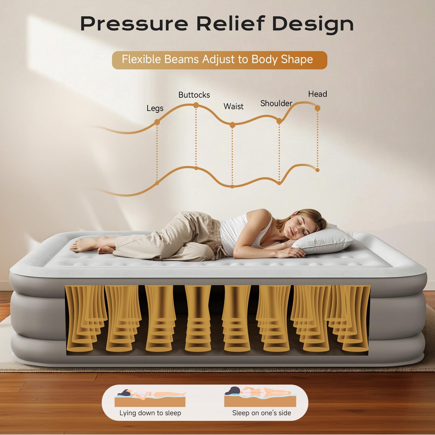 Sebor Air Mattress Queen with Built-in Pump 18", Comfortable Self-Inflating Blow up Mattress with High-Speed Pump, Durable Queen Size Air Mattress with Storage Bag for Guests, Moving, Camping, Travel
