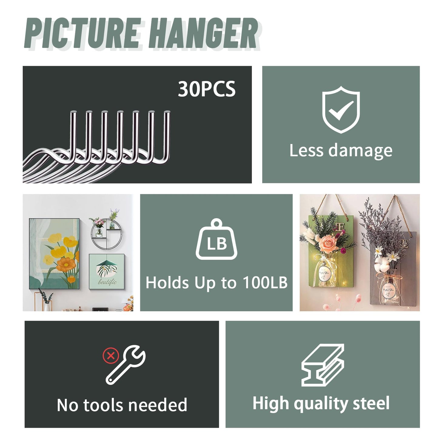 Super Hooks Picture Hanger,Gorilla Hooks - Hang Art, Clock, Shelves, Mirrors, Frames, or Planters for Home and Office Decorations-30pcs