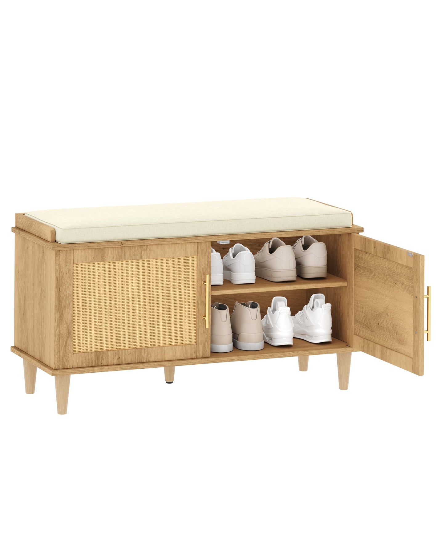 Akxomel Rattan Shoe Storage Bench with Cushion, 2-Tier Entryway Bench with Adjustable Shelves and 2 Doors, 15" D x 39.4" W x 20" H, Solid Wood Legs, for Hallway, Living Room, Bedroom, Natural Oak