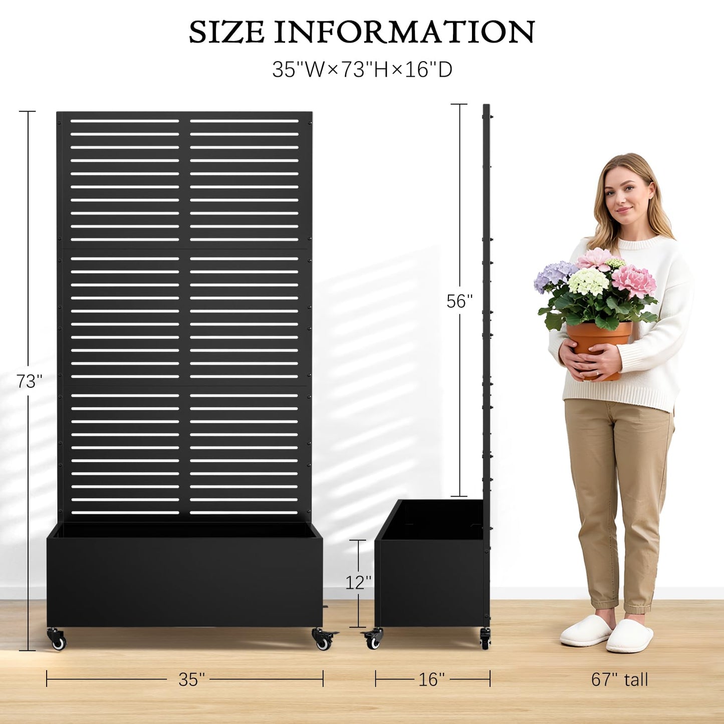 Baotree Metal Raised Garden Planter Bed, 72"x35"x16" Outdoor Planter Box with Trellis and Wheels for Climbing Plants, Vegetables & Vines, Features Drainage Holes and Privacy Screen (Black-Louvered)