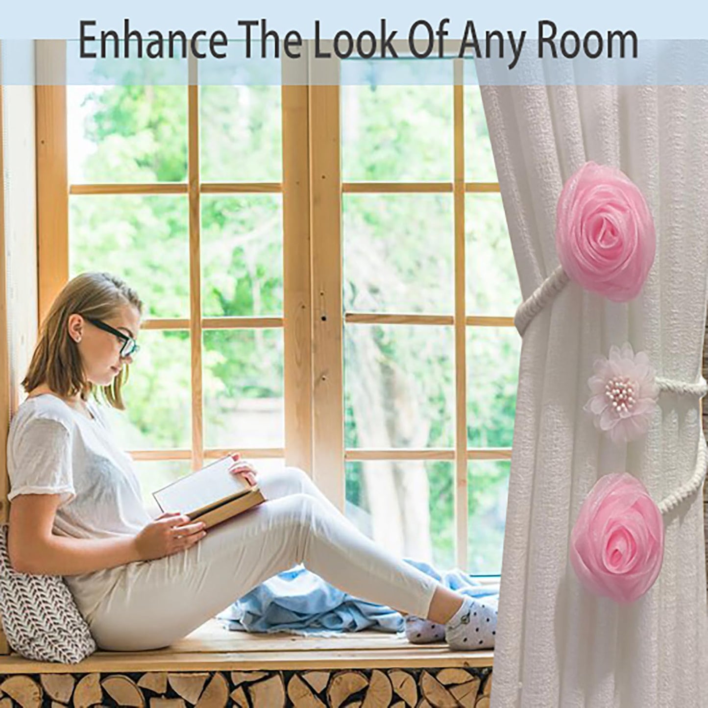 2 Pack of Curtain Tiebacks,Elegant Rose Flower Curtain Buckle,Handmade Flexible Curtain Tiebacks Decorative for Home/Office/Patio