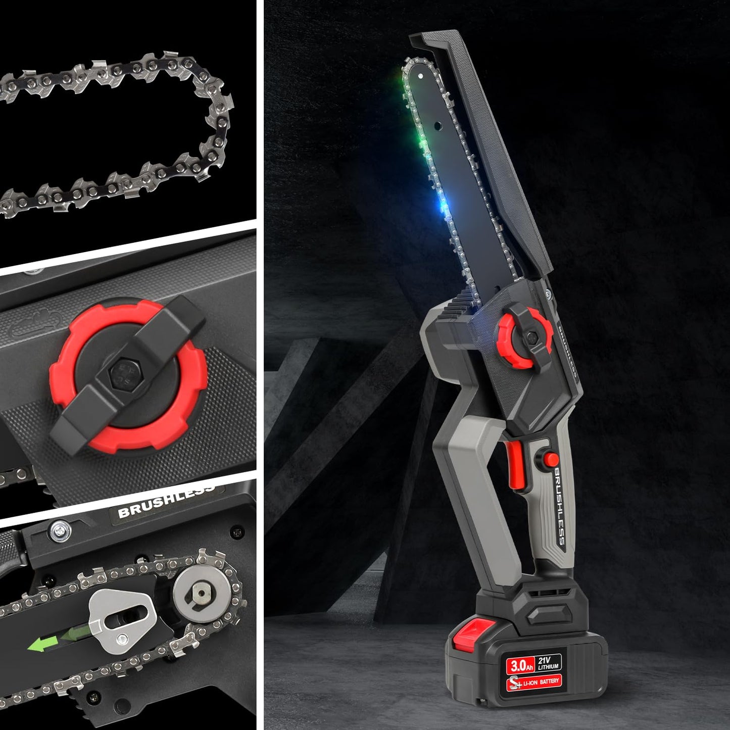 8 Inch Mini Chainsaw Cordless, 1150W 5000RPM Brushless Handheld Electric Chain Saw with Chain Guide Plate 2x3.0A Batteries and Other 6 Accessories, for Tree Branch Wood Cutting, Garden Tools Gift