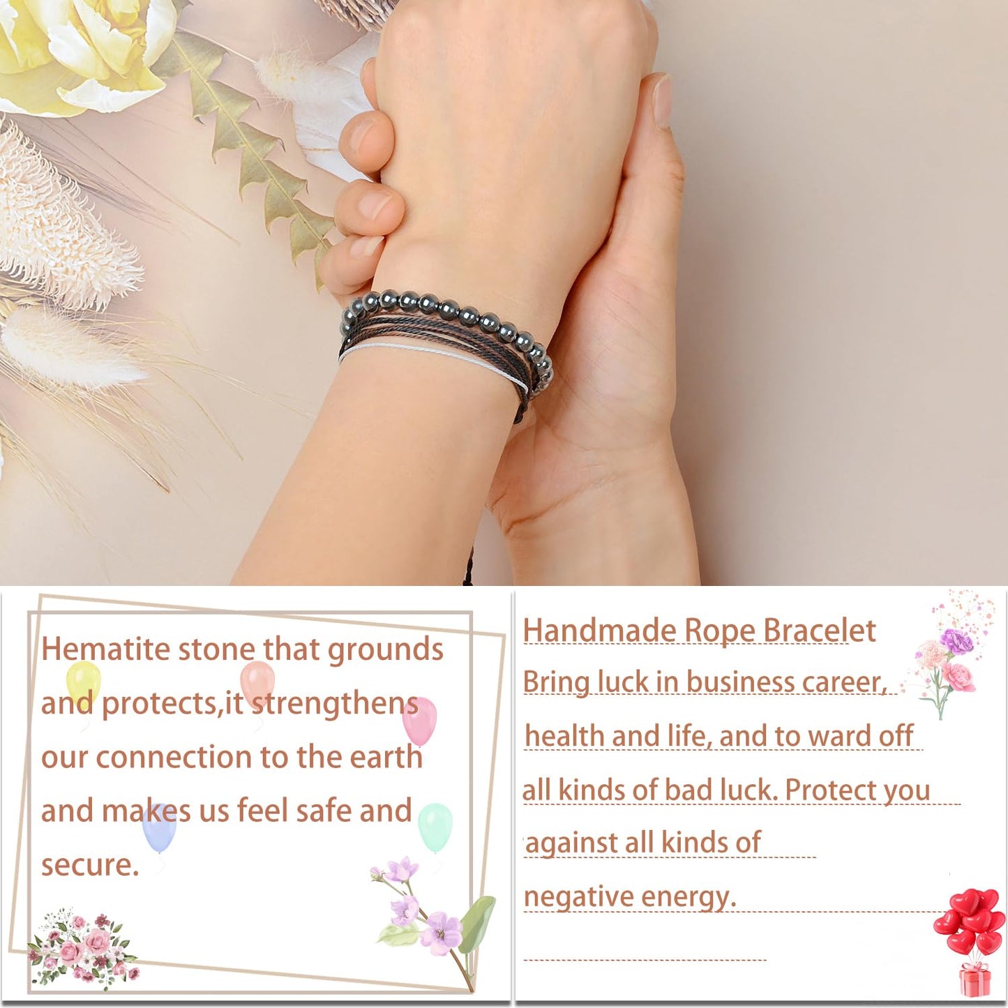 LPBeads 6mm Hematite Bracelet with Handmade Rope Bracelet Size Adjustable Natural Stone Crystal Healing Bracelets Gifts for Unisex Adults