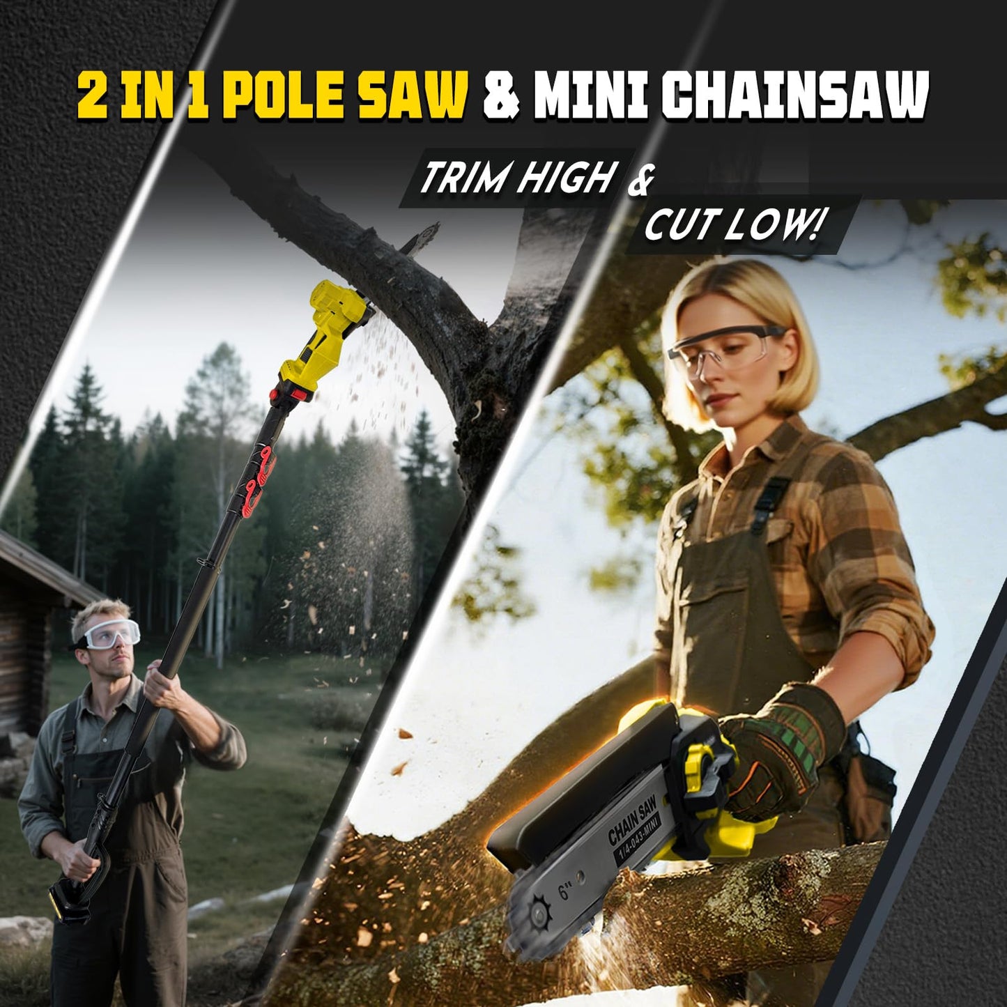 Autubin 2-in-1 Electric Pole Saws for Tree Trimming, 1200W Brushless Cordless Pole Saw & 6 Inch Mini Chainsaw,16 Ft Max Reach & Multi-Angle, Tree Trimmer Branch Cutter Limb Pruner with 2 Batteries