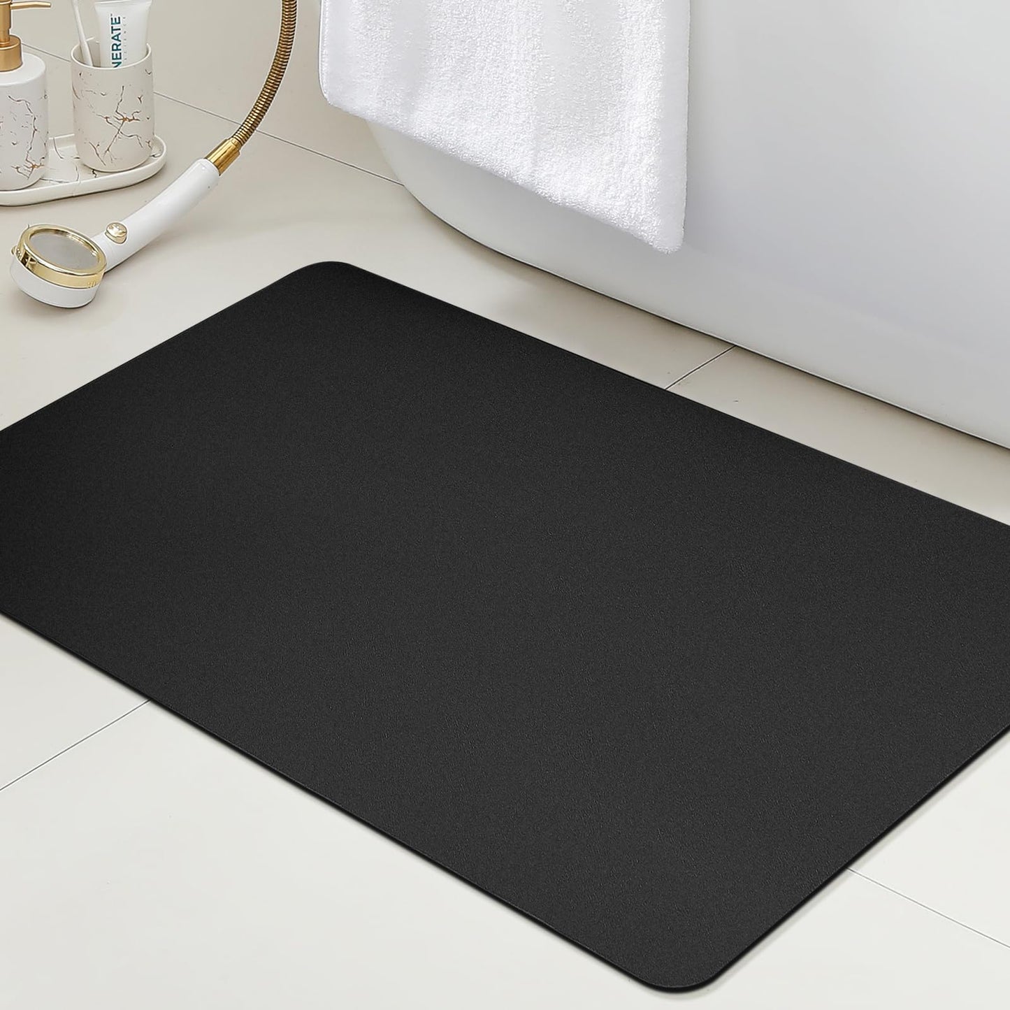 ACCUMTEK Non Slip Bath Mat, Thin Bathroom Rugs Fit Under Door, Quick Dry Bath Mats, Machine Washable Bath Rugs for Bathroom, Bathtub & Kitchen, Bathtub & Kitchen, Black/Solid/24 x17