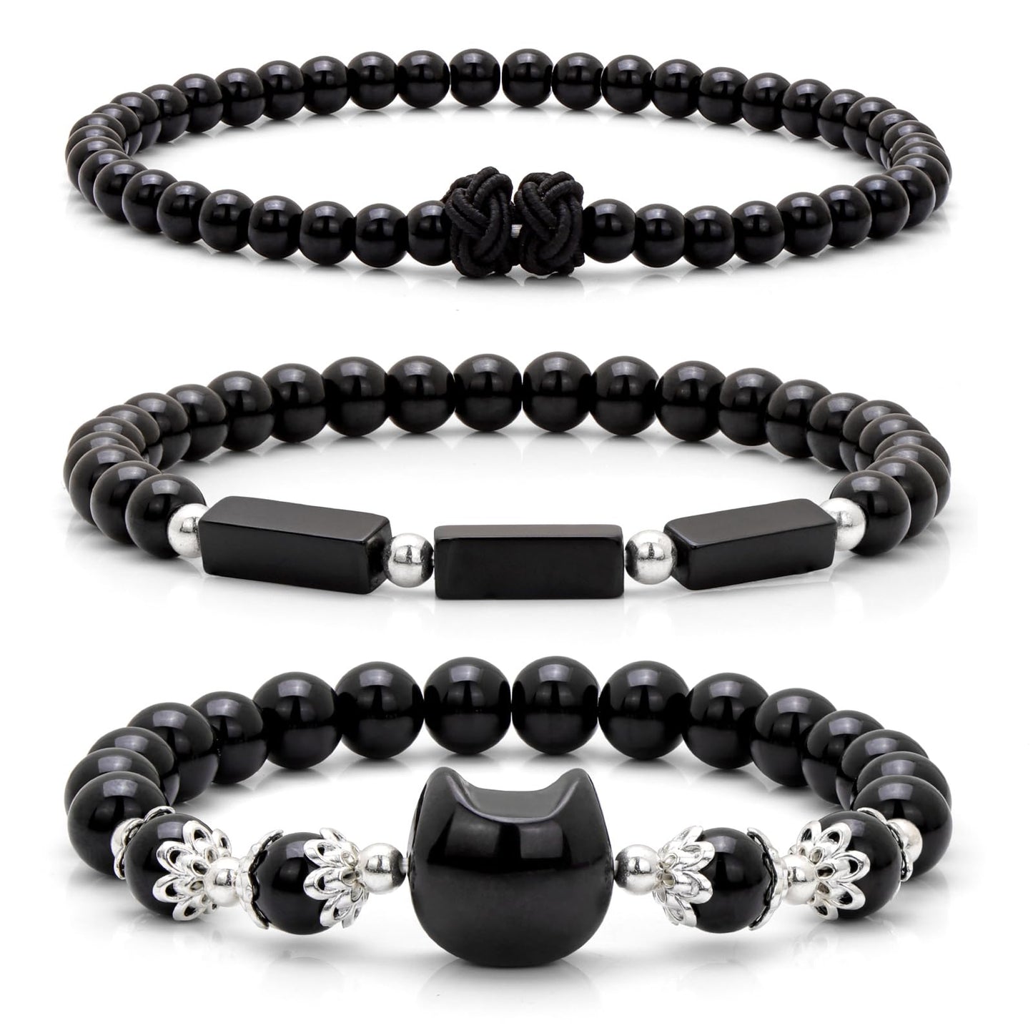 Pendlixy 3Pcs Money Attraction Cat Bracelet - Black Obsidian Women Bracelets -Wealth Prosperity Abundance Stone Bead Bracelet,Crystal Spiritual Cute Protection Stretch Bracelet,Good Luck Feng Shui Bracelets For Women Gifts