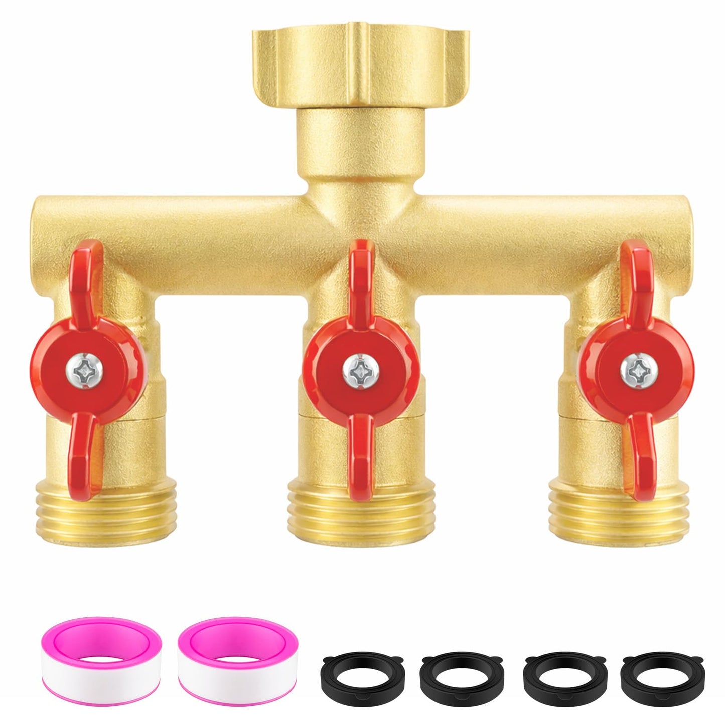Cekwiet 3 Way Garden Hose Splitter Heavy Duty Brass, Full Flow Outdoor Faucet Hose Splitter with 3 Shut Off Valves, 3/4" GHT Metal Hose Connector for Garden, Lawn Irrigation, Yard Watering Etc