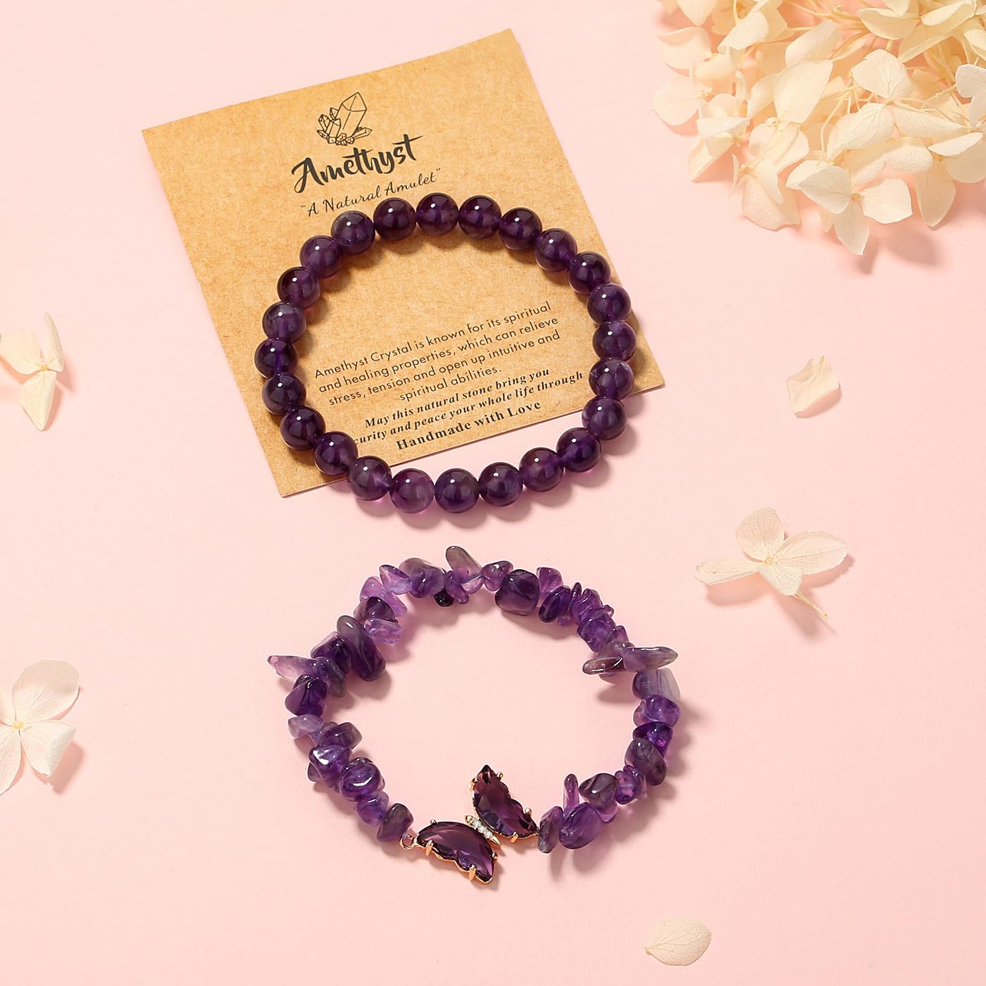 DUQGUHO Purple Bracelets for Women, Butterfly Bracelets for Women, Healing Anxiety Amethyst Bracelet, Butterfly Charms Crystal Jewelry Purple Gifts for Woman 2PCS