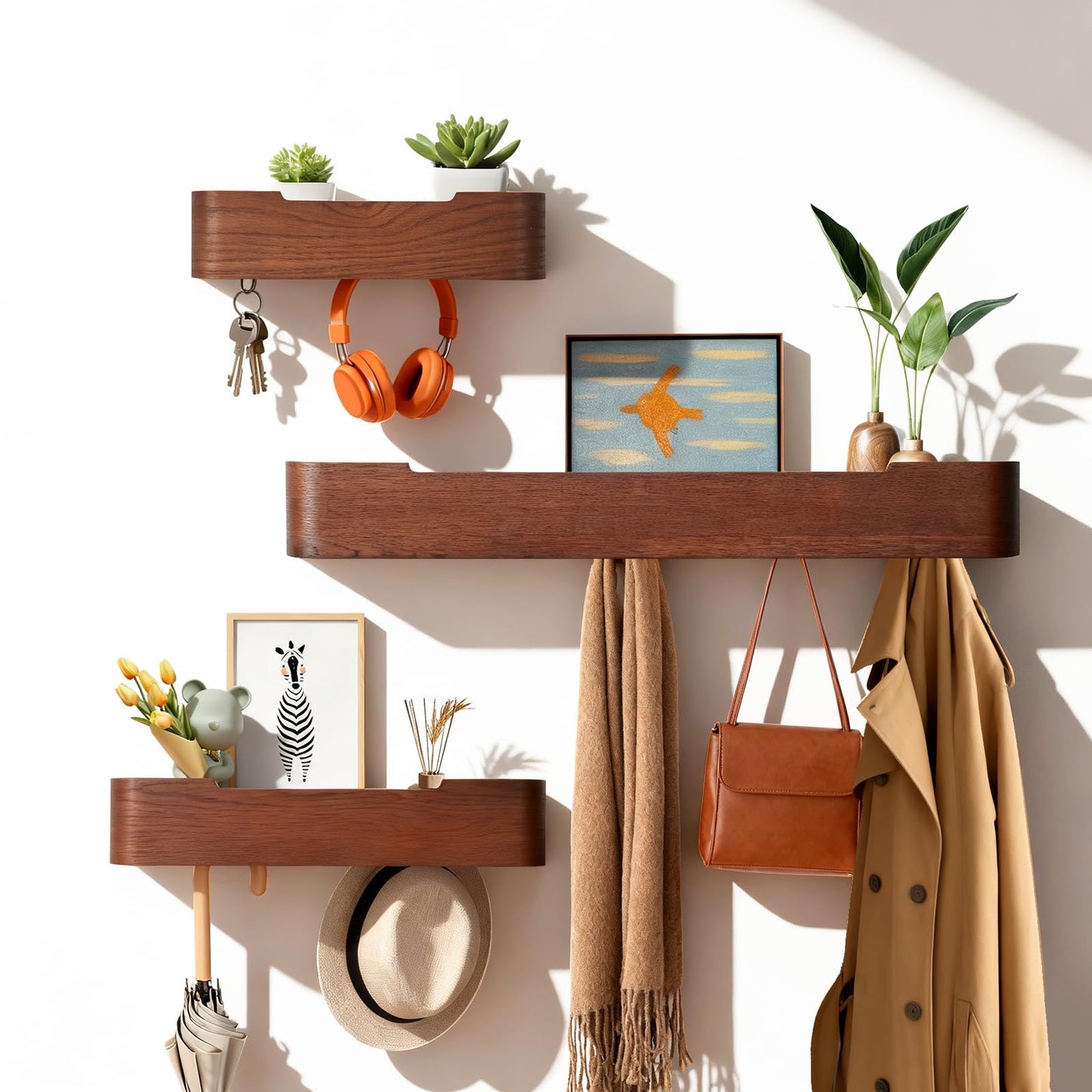 Coat Rack Wall Mount with Shelf Entryway Shelf Modern Key Holder Hanger Wall Shelves with Hidden Hooks for Hanging Towels Coats Hats Bags for Hallway Bathroom Bedroom(Walnut Color, 4 Hooks)