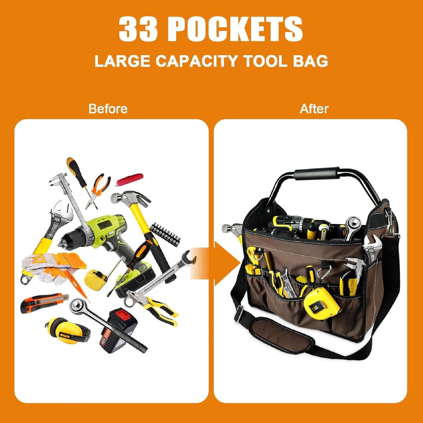 KUNLUN 17-Inch Open Top Tool Bag, Electrician Tool Bag, Tool Tote Bag Organizer for Easy Tool Access, 33 Pockets Foldable Tool Carrier with Rotating Steel Handle and Removable Shoulder Strap, Brown