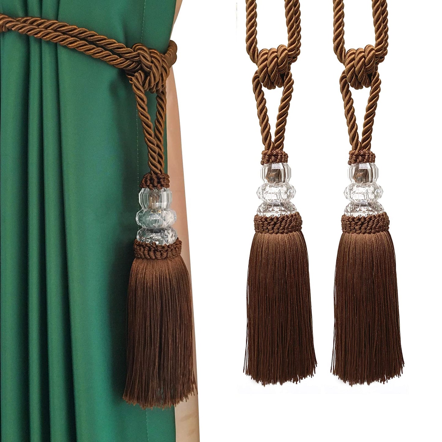 Fenghuangwu Tassel Curtain Tiebacks Handmade Curtain Tie Backs, Elegant Crystal Curtain Holdbacks for Home Office Decor (Coffee, 2P)