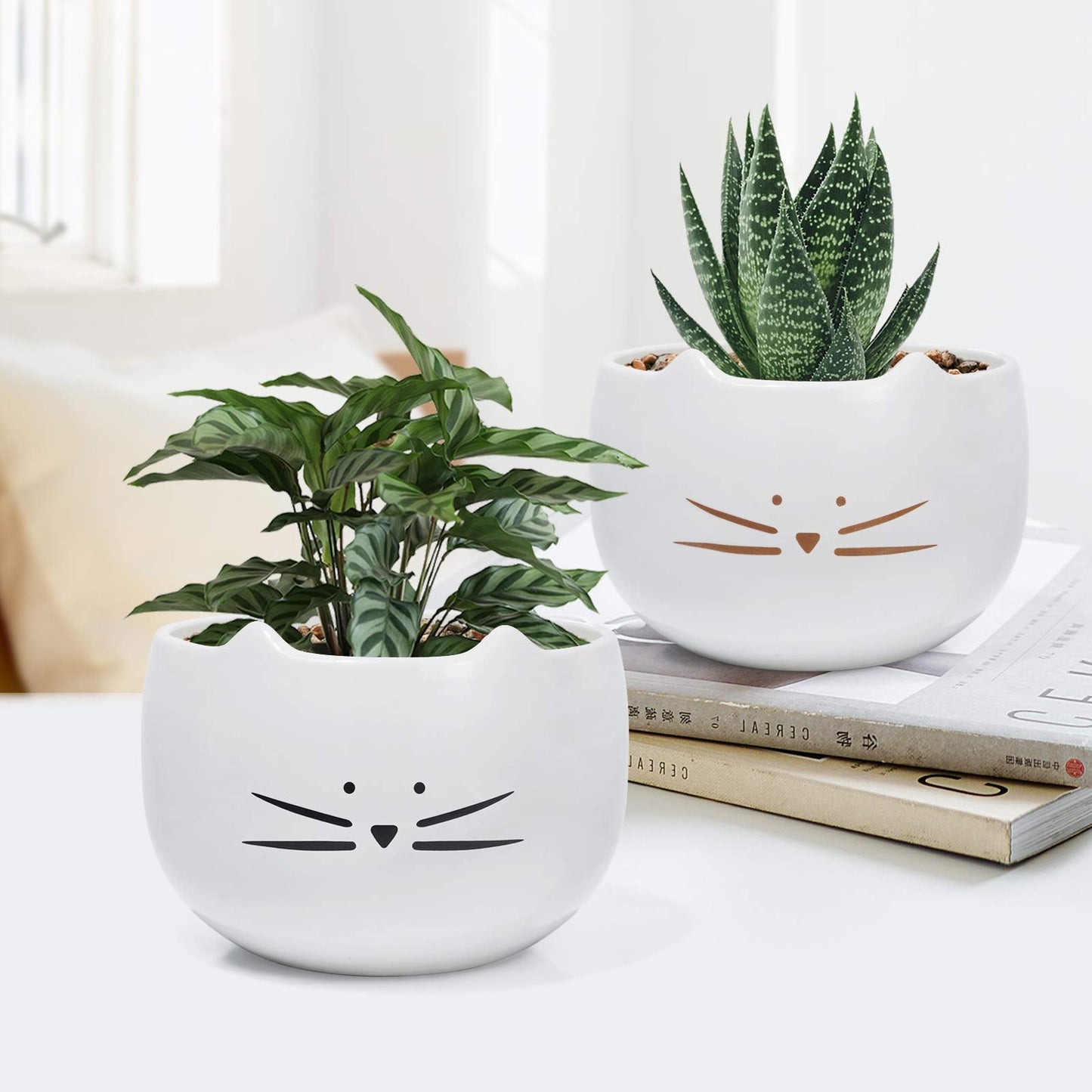 Koolkatkoo 5.5 Inch Cute Cat Succulent Planter Pots Cactus Planters Flower Pots White Set of 2