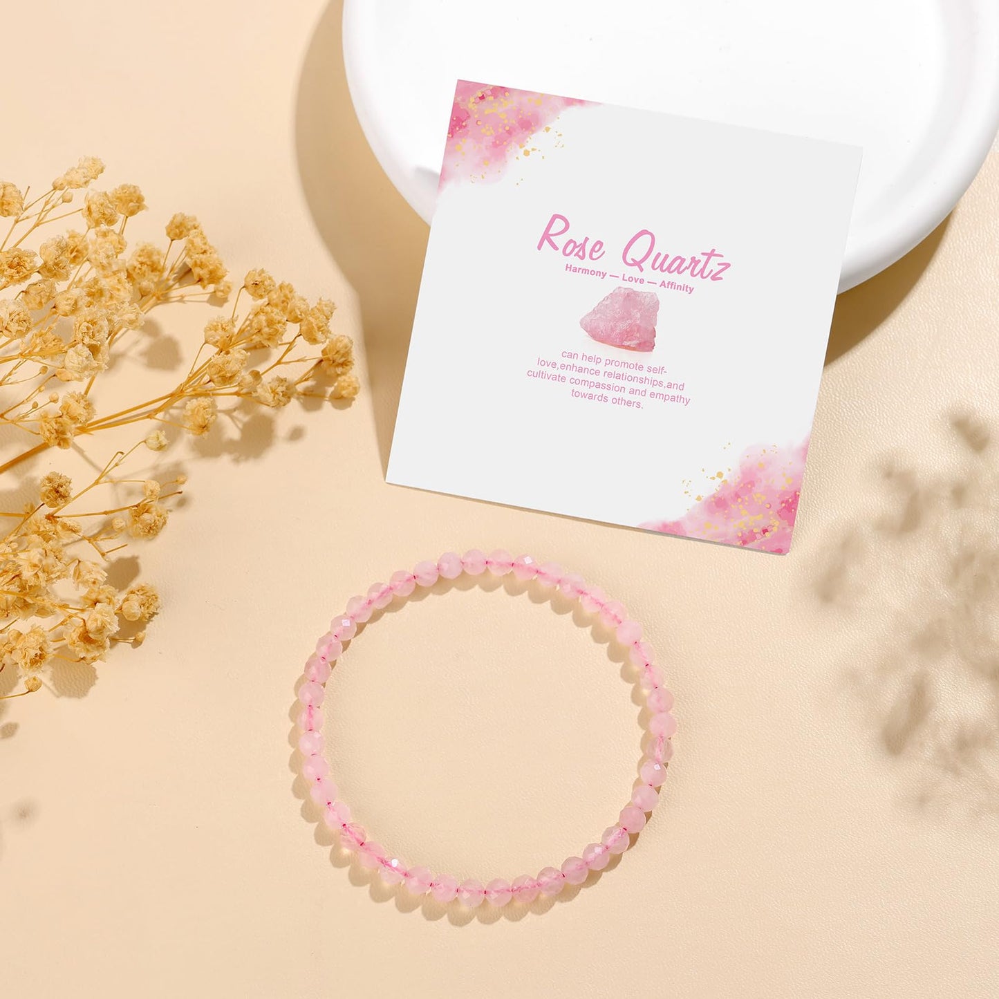 GolbalJew Natural Gemstone Beads Bracelets Healing Crystal Stone Beaded Bracelet for Women Men Handmade Spiritual Jewelry Gifts, 4mm Rose Quartz Faceted Round Beads