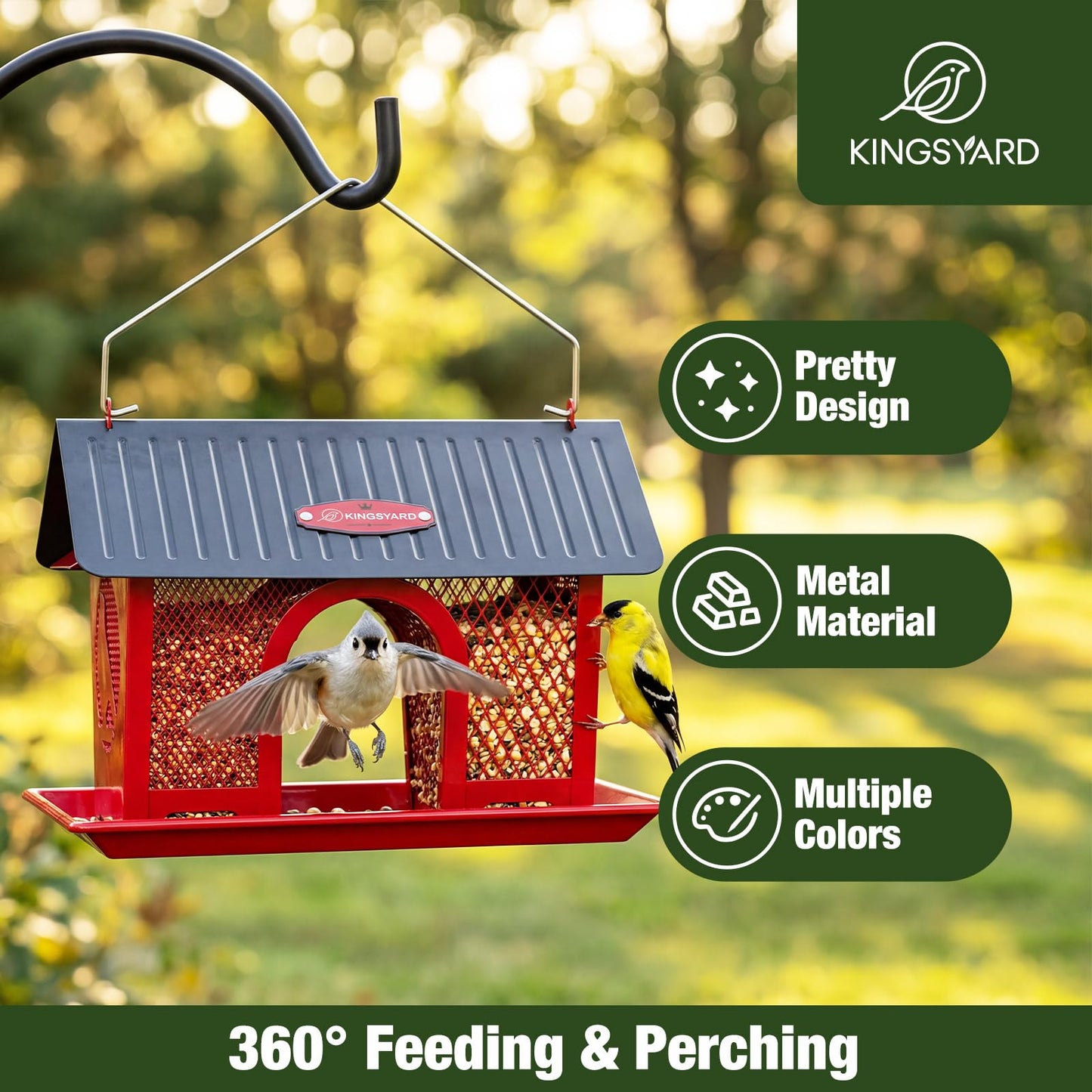 Kingsyard Bird Feeder for Outdoors Hanging, Dual-Use Metal Mesh Wild Bird Feeders with Seed Tray & Weatherproof Roof, 3 lbs Large Capacity, Red
