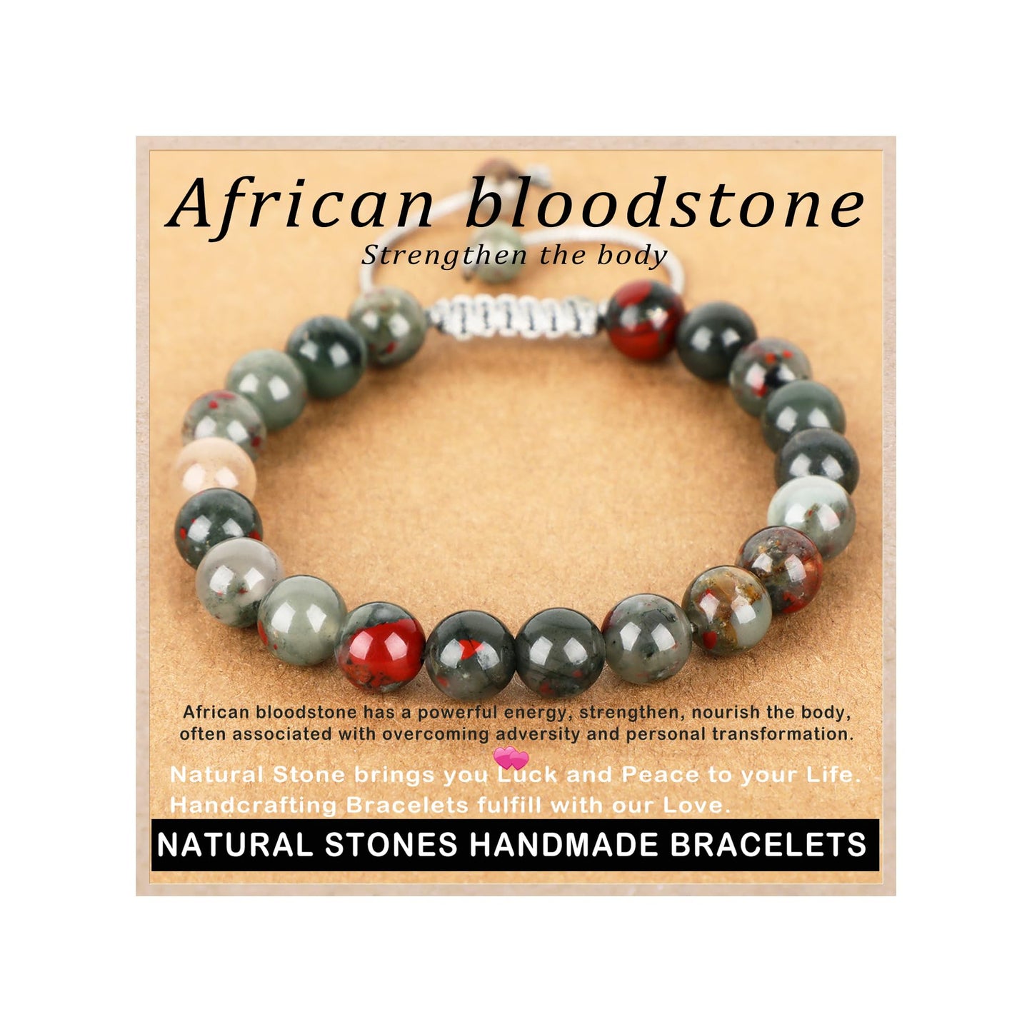 AD Beads 8mm African bloodstone - Strengthen the body - Handmade Natural Stone Crystal Bracelet with Adjustable Macrame String - Yoga Healing Power Energy Gifts for Men and Women
