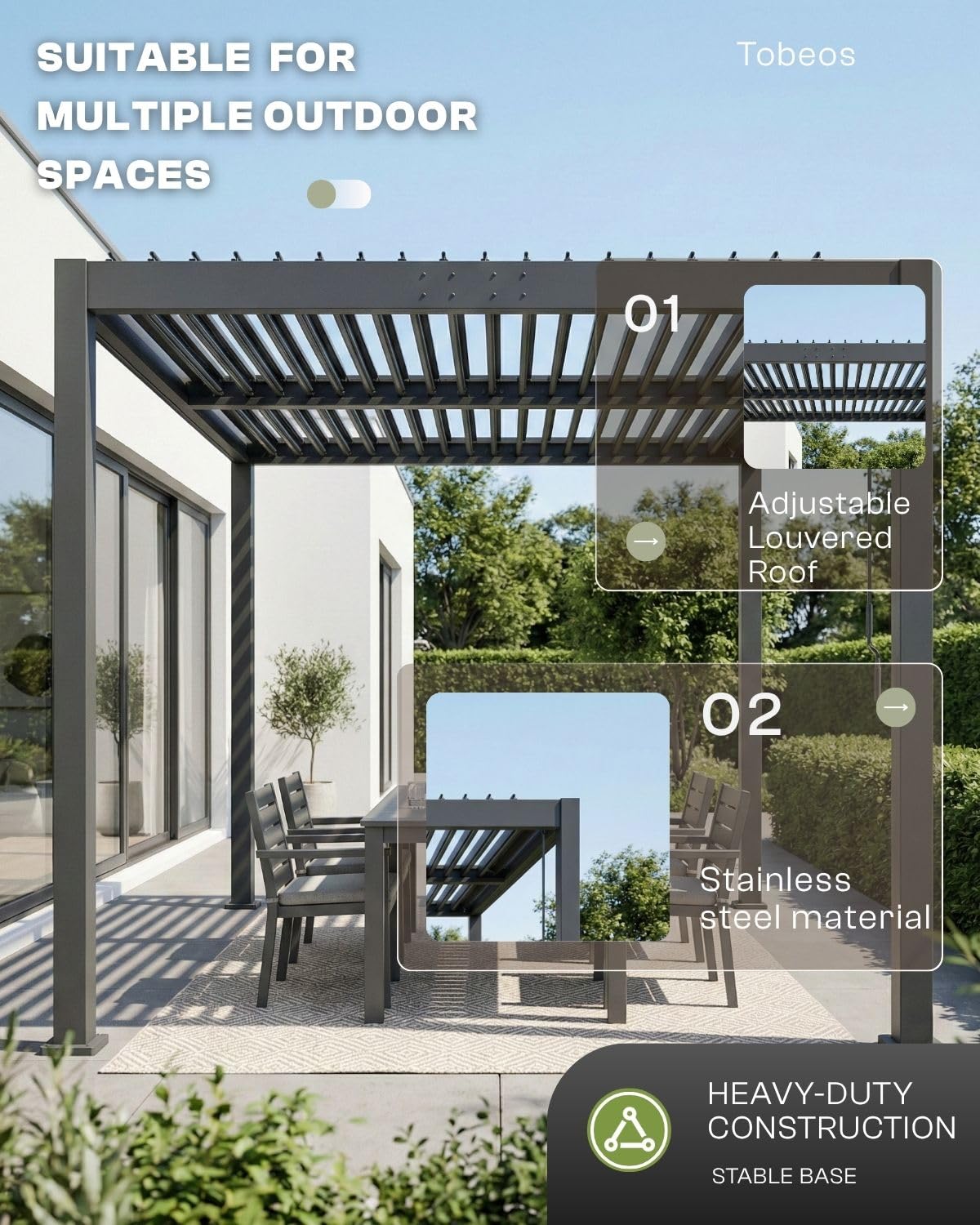 Tobeos Louvered Pergola, 10x13 FT Outdoor Pergola with Adjustable Roof and Drainage System, Heavy Duty Aluminum Frame Patio Pergola for Backyard Deck Garden, Weather Resistant Structure(Grey)
