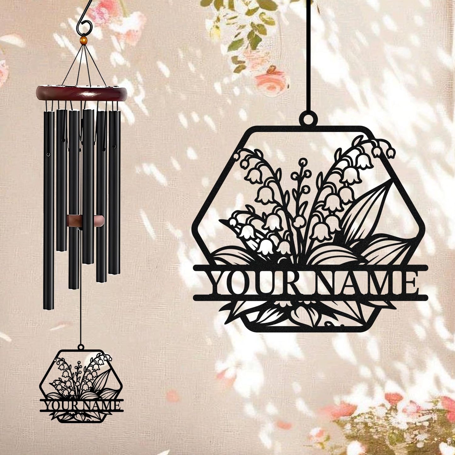 WindWink Personalized Customize Name Lily of The Valley Wind Chime, Metal Iron 37 Inch Outdoor Memorial Gift for Garden Yard Patio Home Florist Decor, Black,Mom Gift (Style G)