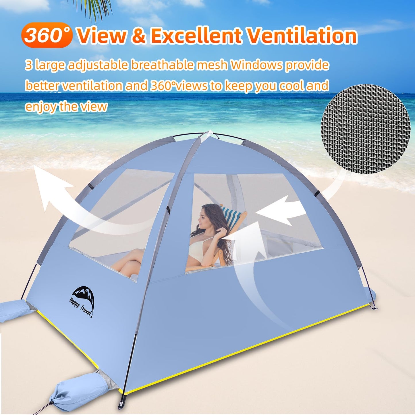 Happy Travel Beach Tent Sun Shelter for 3/4/5/6/7/8 Person, Portable UPF 50+ UV Protection Beach Shade Canopy for Family & Baby, Lightweight & Easy Setup Beach Cabana with 3 Ventilation Mesh Windows