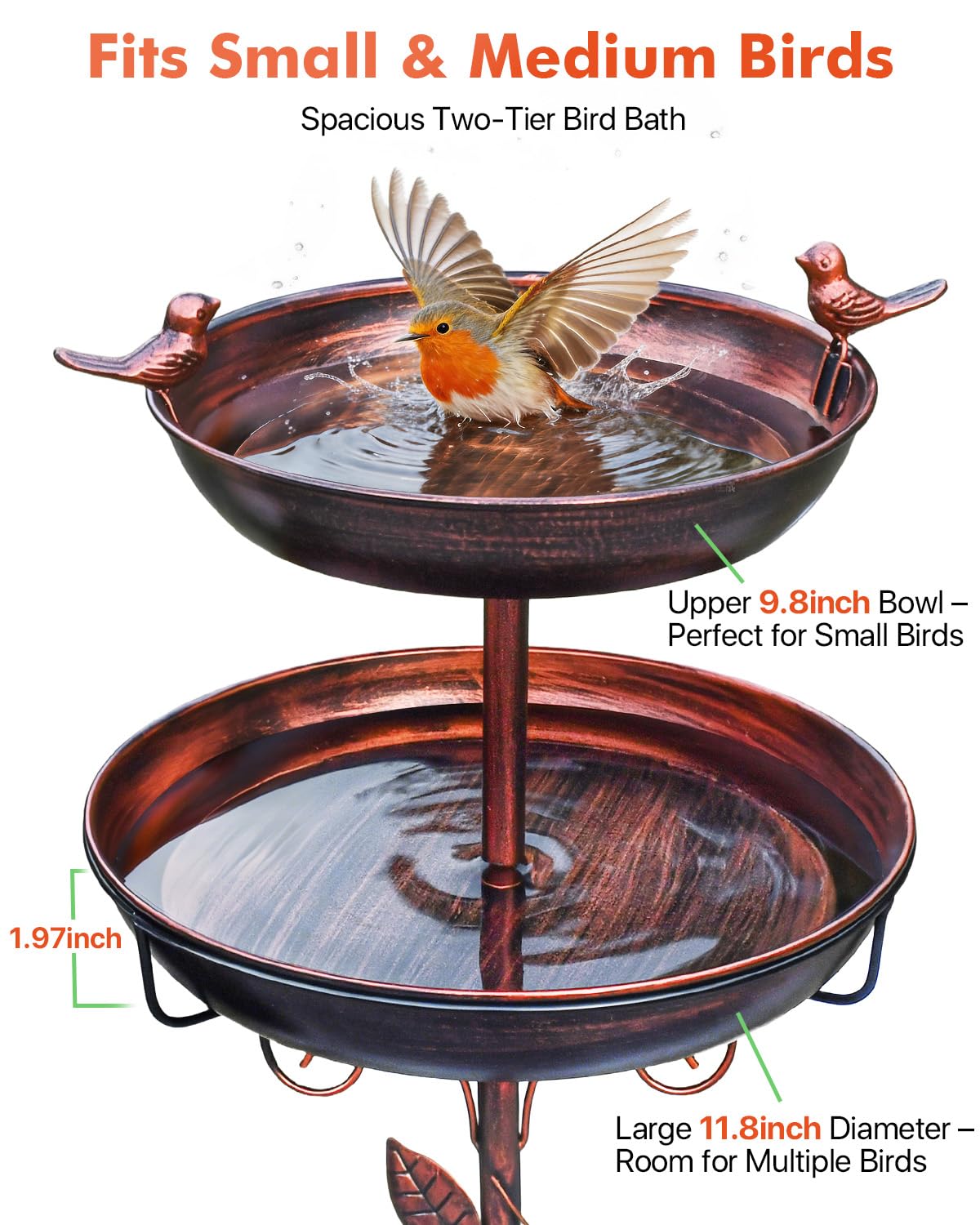 TLEYTOA Metal Bird Bath for Outside - Outdoor Garden Decor Birdbath 2-Tier Water Bowl with Copper Finish Stake Adjustable Height 45'' Tall for Yard