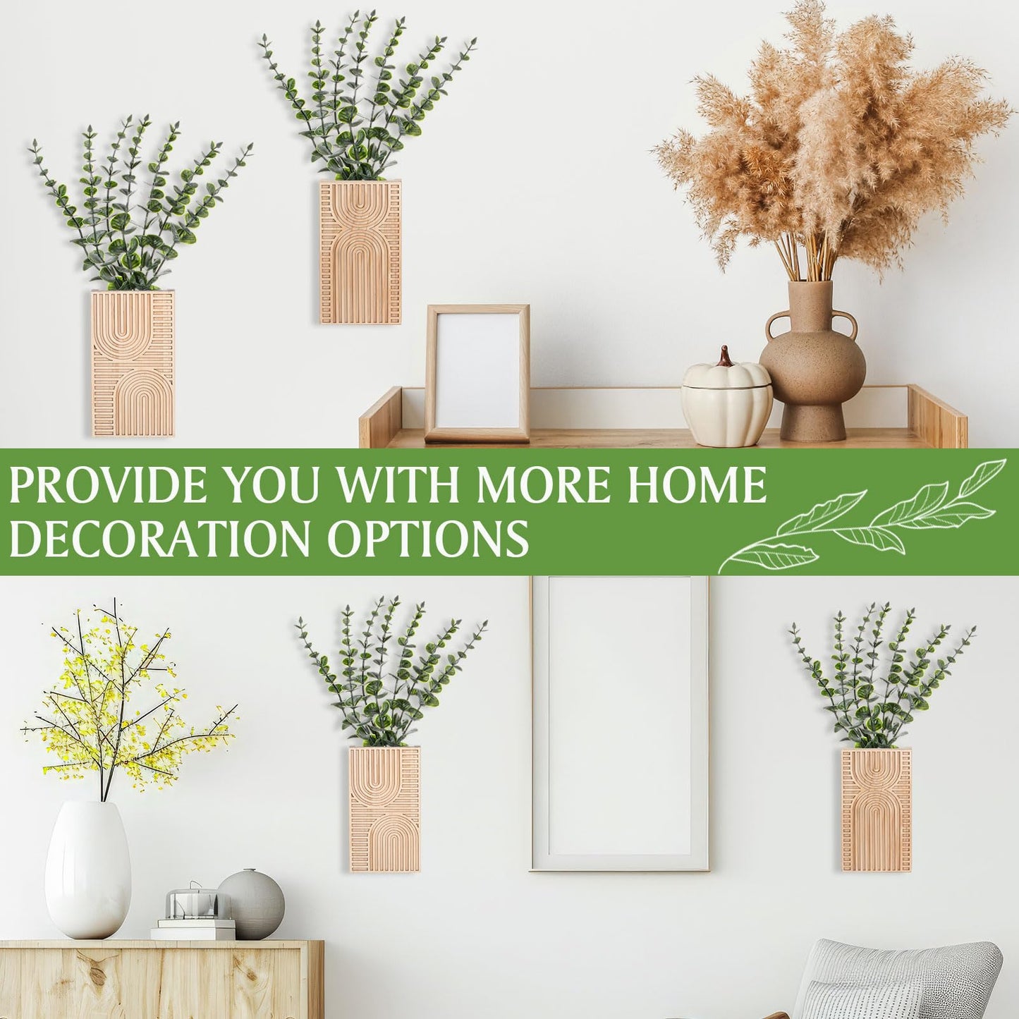 Ninehaoou 2 Pack Modern Farmhouse Wall Decor Wood Planter Vase with Artificial Eucalyptus Farmhouse Bohemian Hanging Wall Decor for Bathroom Dinning Room Living Room Hallway Bedroom(Brown)