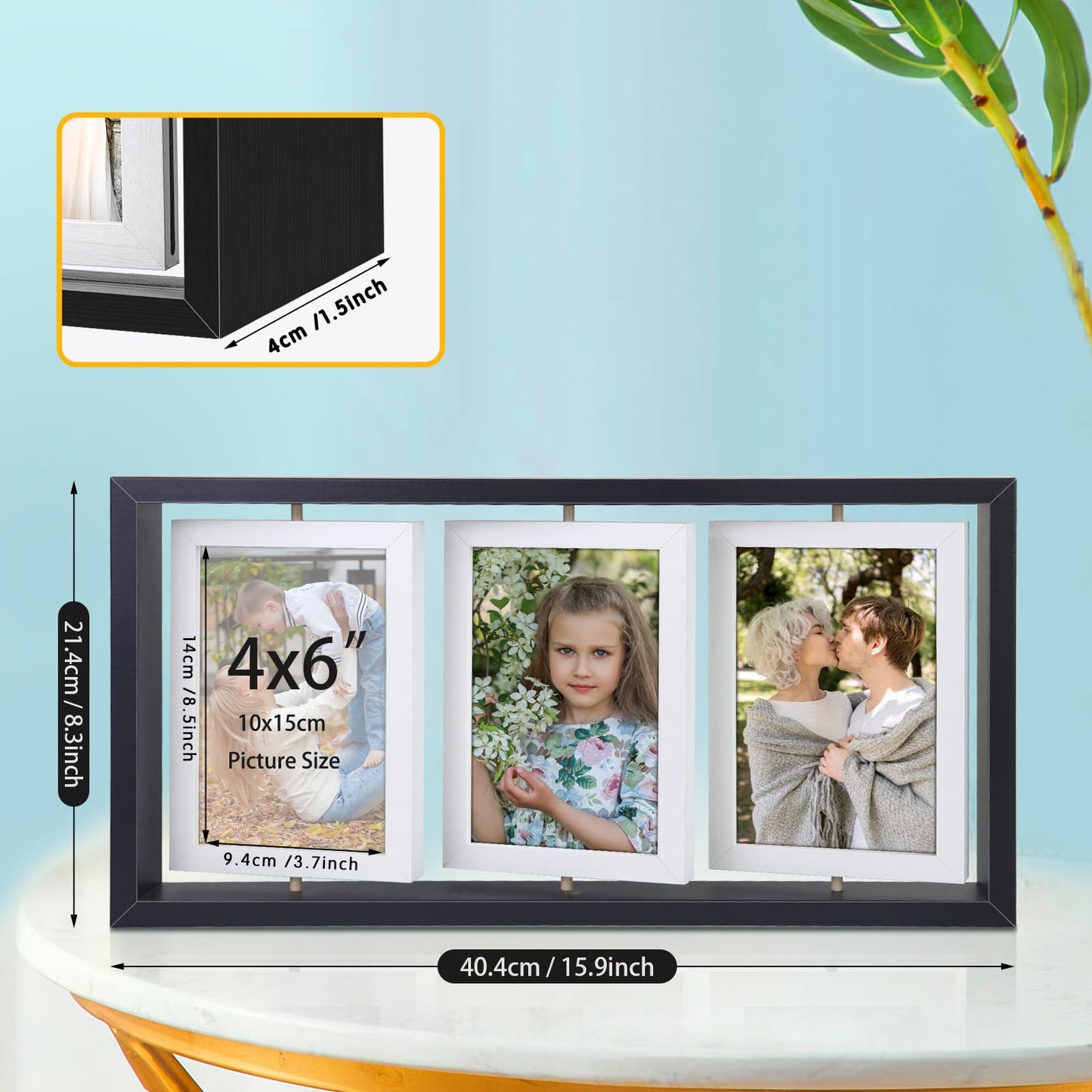 ZEEYUAN 4x6 Desk Picture Frame Rotating Double-Sided Picture Frame, 4x6 Tabletop Wooden Collage Family Pictures Frame for Office Desktop Home Decor, Holds 6 Photos, Black