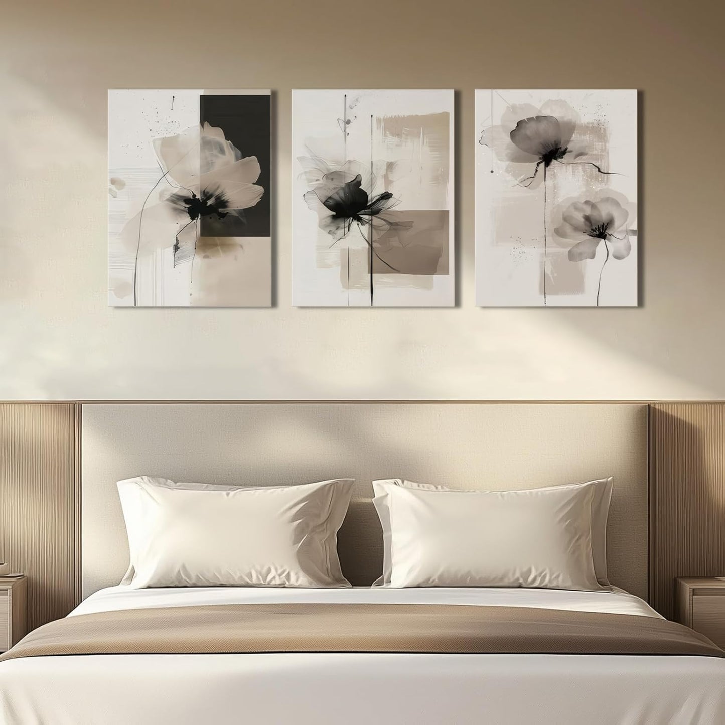 Neutral Abstract Floral Canvas Wall Art Modern Large Minimalist Wall Decor Contemporary Beige Black Flower Posters Prints Picture for Living Room Bedroom Bathroom Office 12x16 In Framed