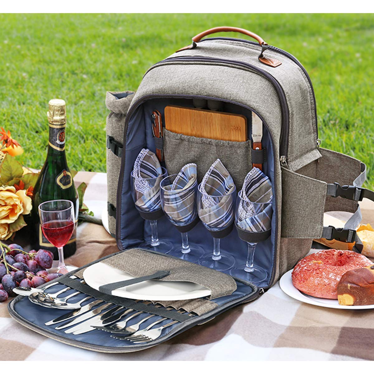 Sunflora Picnic Backpack for 4 Person Set Pack with Insulated Waterproof Pouch for Family Outdoor Camping (Brush Beige)