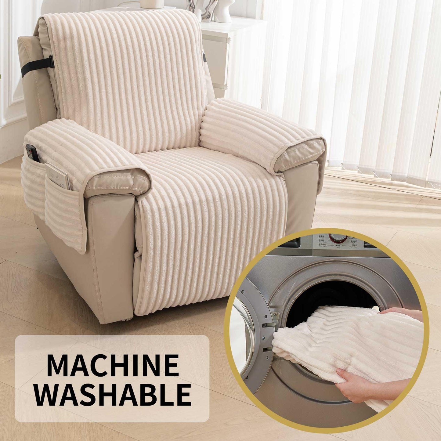 HAOMAIJIA Faux Fur Recliner Chair Covers Non-Slip Waterproof Recliner Covers That Stay in Place Warm Thick Lazy Boy Recliner Cover for Dogs Furniture Protector Pet Friendly (Off White, 23'')