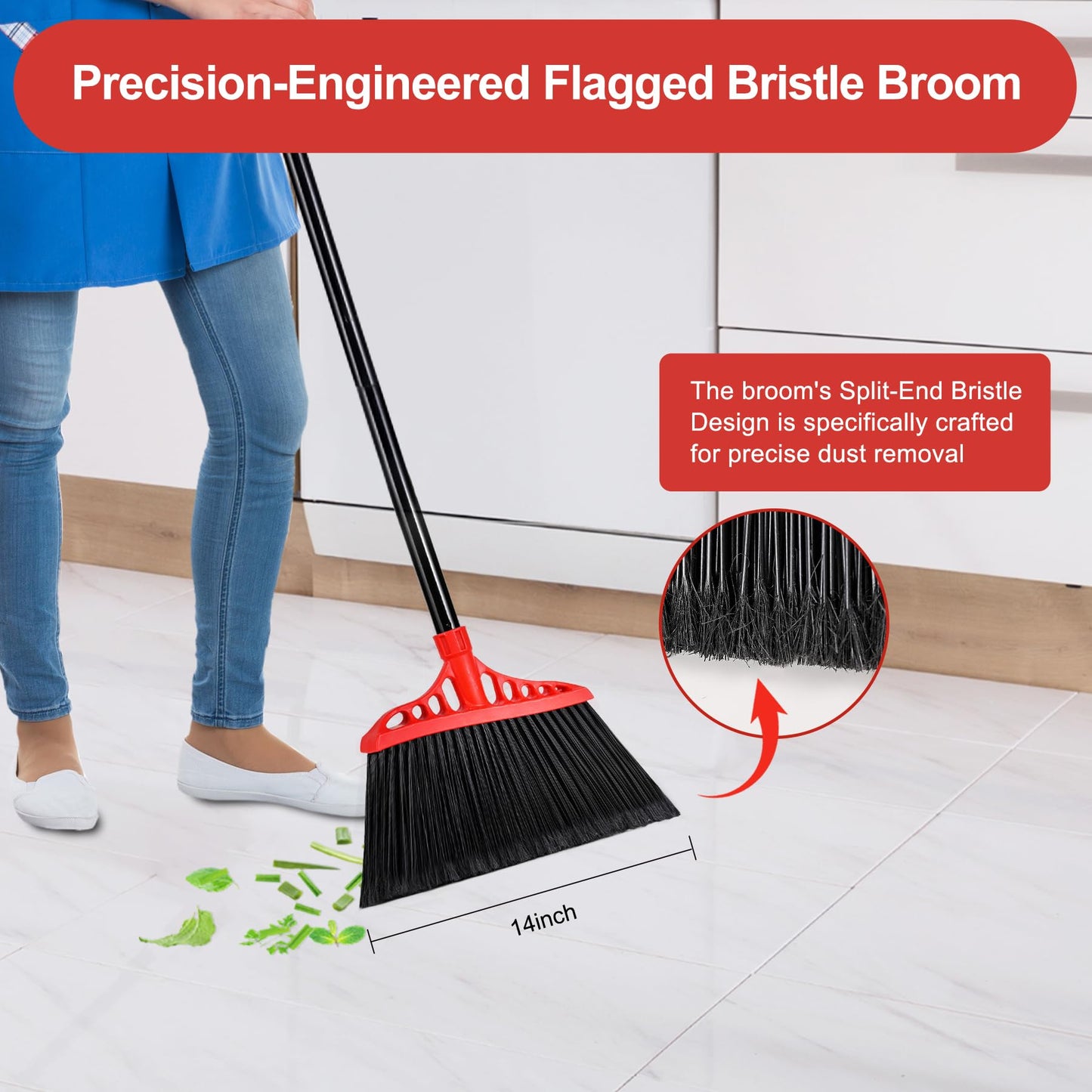 Tiumso Heavy Duty Angle Broom - 55" Adjustable Iron Handle with Stiff Bristles - Commercial-Grade Indoor/Outdoor Broom for Garage, Patio, Kitchen, Sidewalk & Concrete Cleaning (Black & Red)