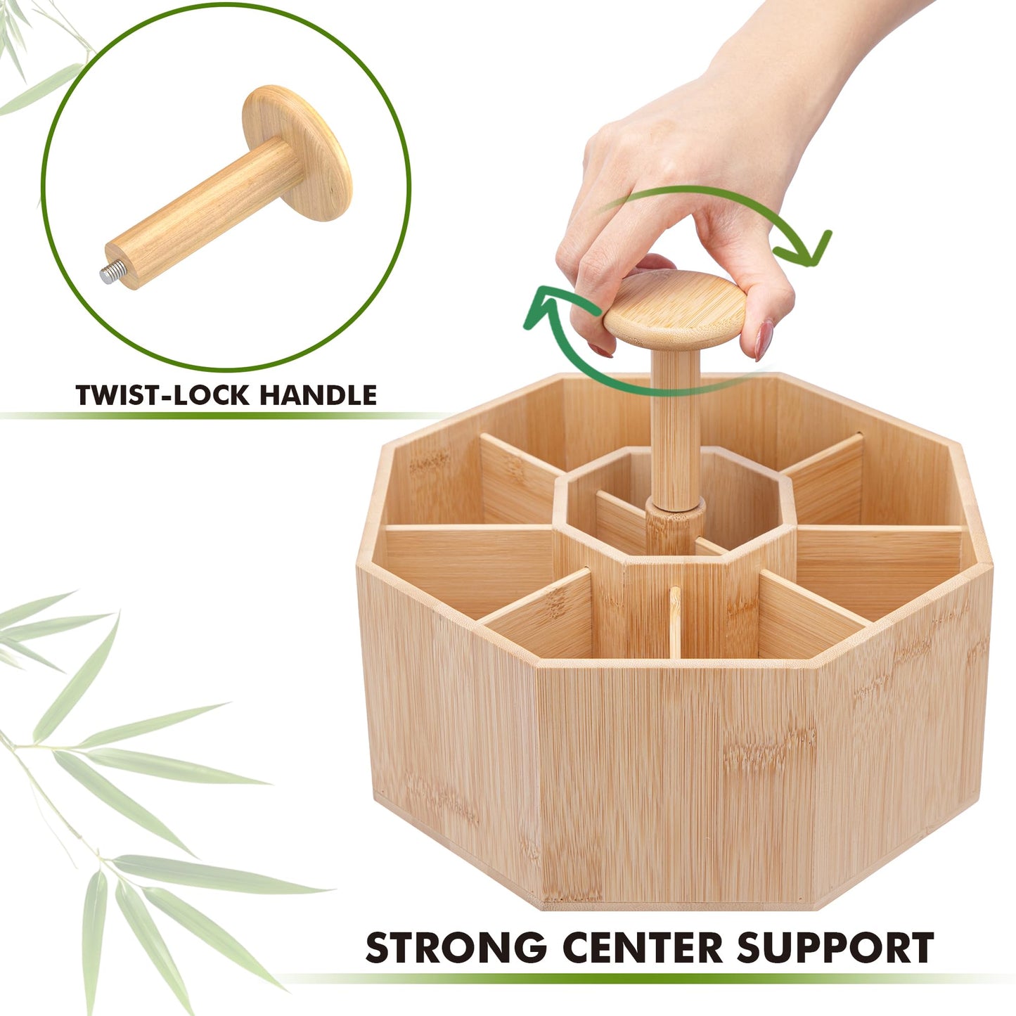 CraftGenes Bamboo Rotating Pen Organizer for Desk, 360° Spinning Desk Organizer with 10 Compartments, Wooden Pencil Holder, Desk Caddy for Office Supplies, Marker Organizer for Office Home School
