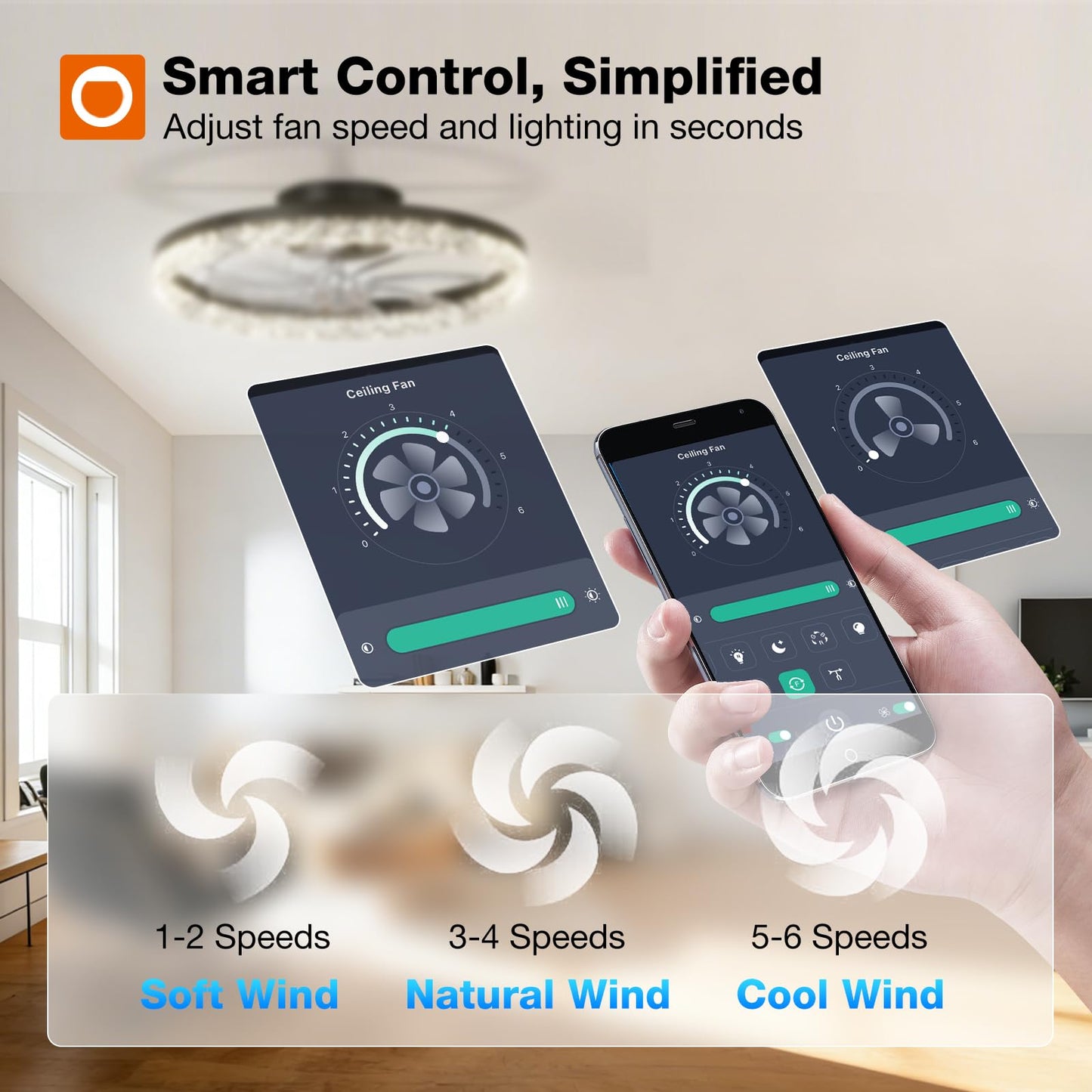 addlon Ceiling Fans with Lights and Remote, 20'' Low Profile Ceiling Fans, 3000-6000K Dimmable Modern Flush Mount LED Fan Light, Fandelier Ceiling Fan for Bedroom, Kitchen, Living Room, Black