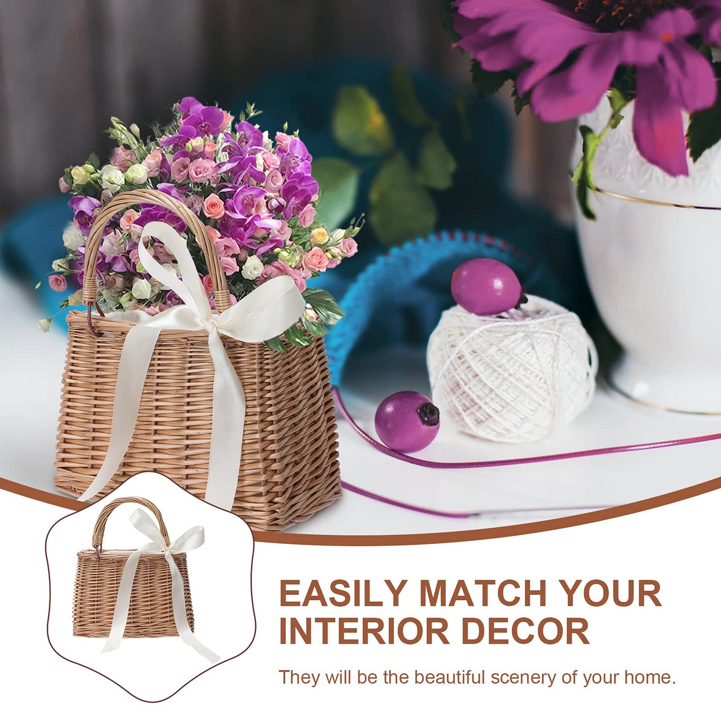 CARMELIT Flower Girl Basket Boho Style Rattan Baskets with White Ribbon for Weddings, Classic Wicker Handbag Basket Purse Baskets Bags Women Straw Tote with Handle