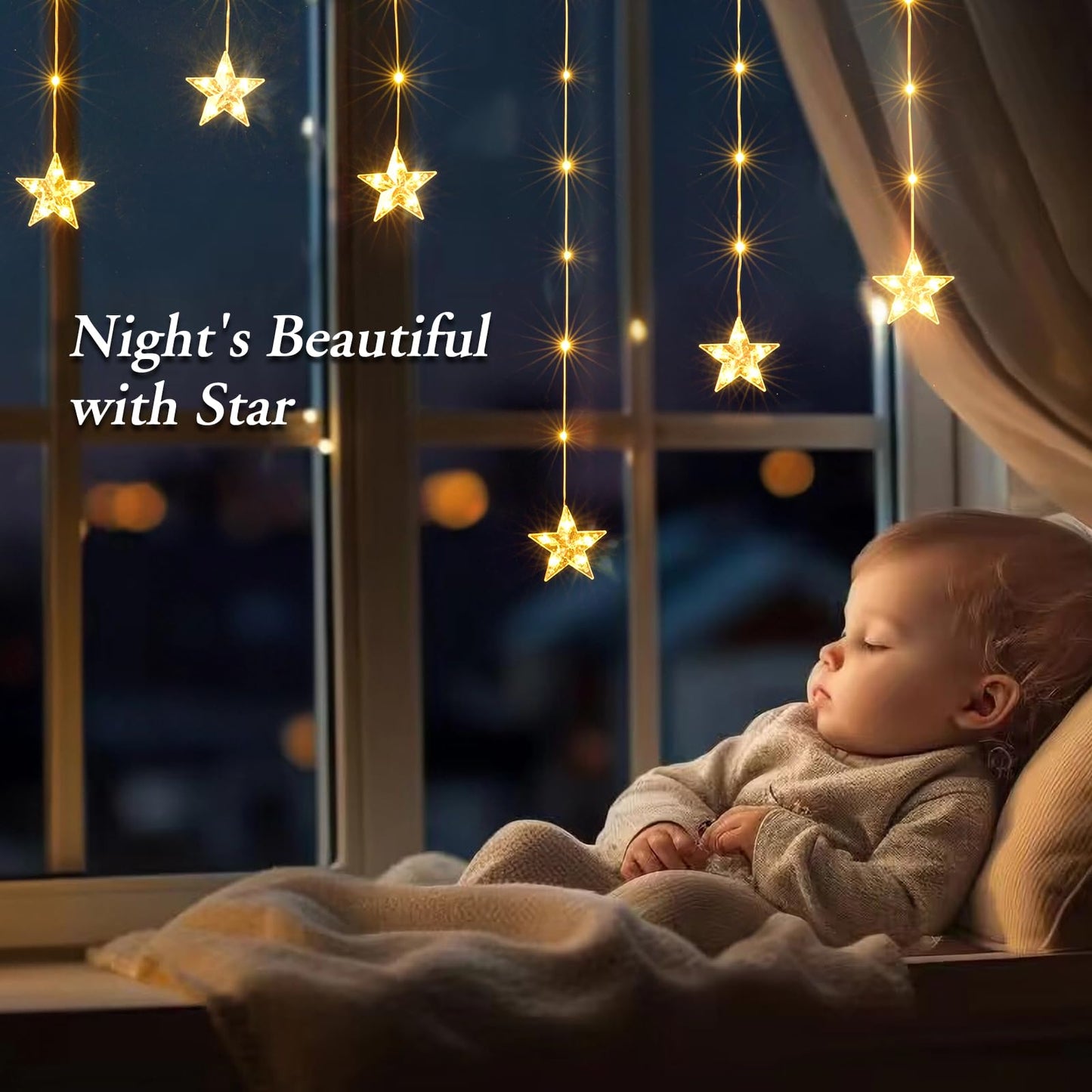 Quntis Star Christmas Window Lights, 76 LEDs 9 Stars Curtain Lights Battery Operated with Timer, 8 Mode Xmas Hanging Window Decorations Lights Indoor Backdrop for Bedroom Wall, Warm White