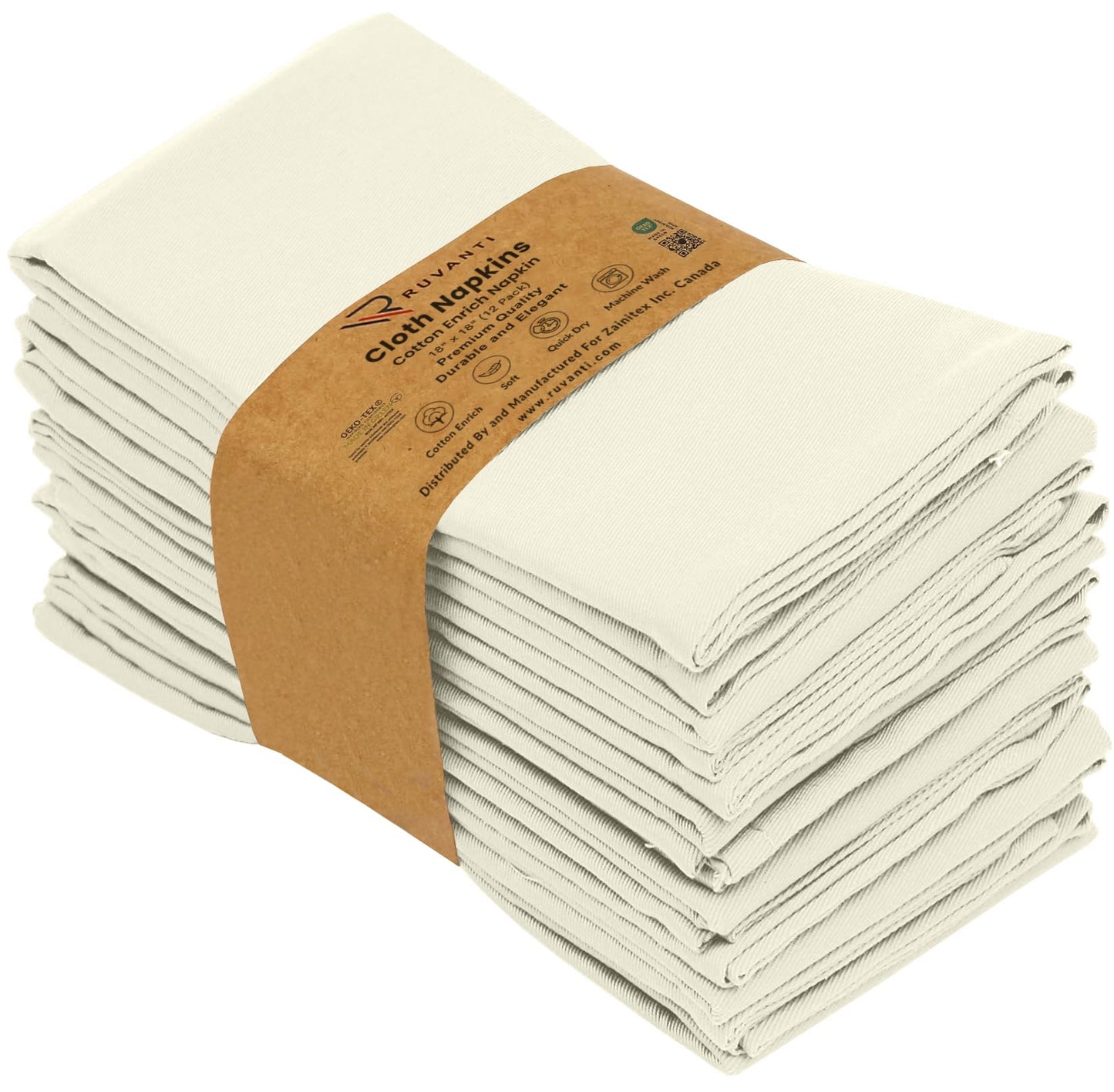 Ruvanti Cloth Napkins Set of 12, 18x18 Inches Napkins Cloth Washable, Soft, Durable, Absorbent, Cotton Blend. Table Dinner Napkins Cloth for Hotel, Lunch, Restaurants, Wedding Parties - Ivory/Cream