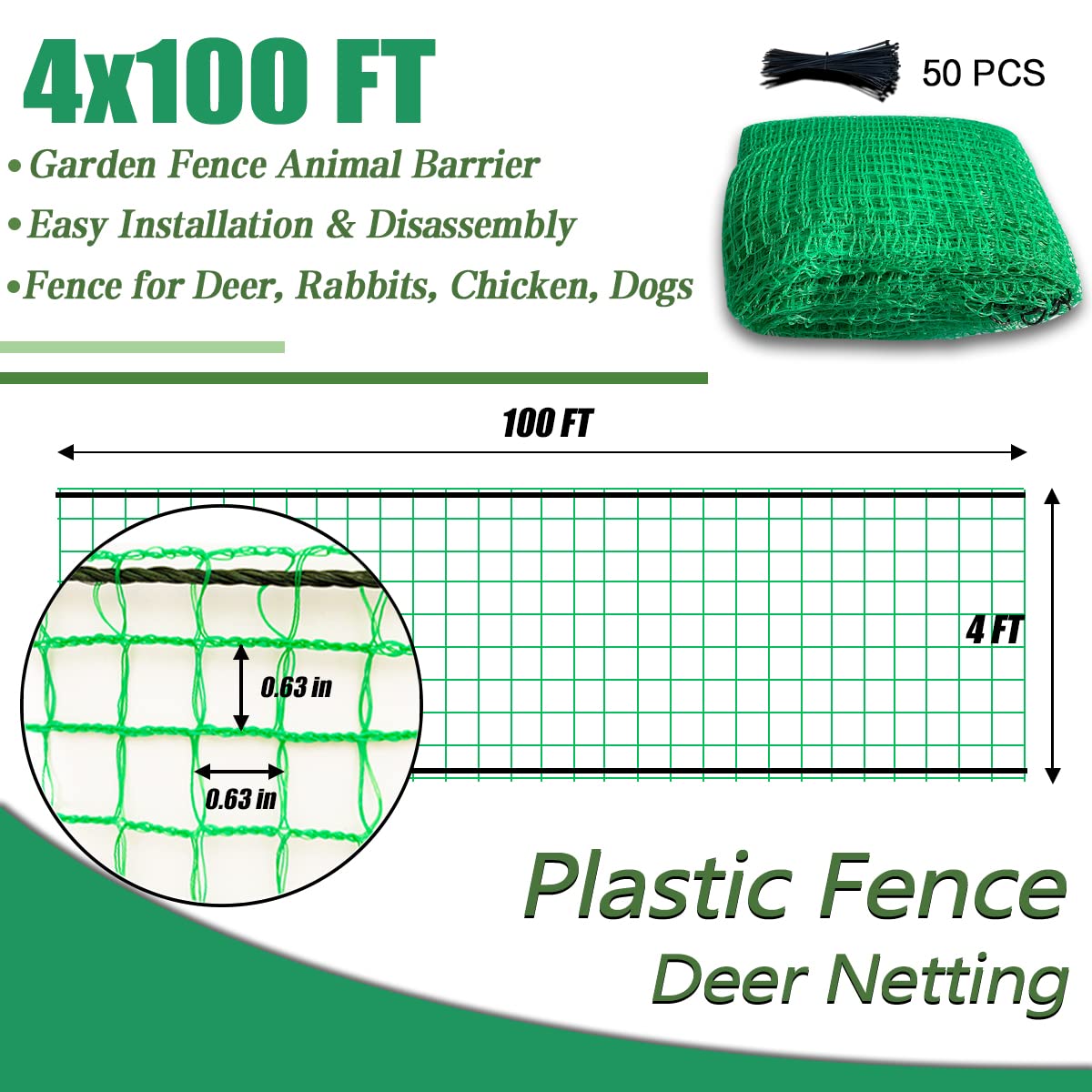 Hortifan Temporary Fence Plastic Mesh Fencing, 4FT x 100FT Garden Bird Netting Safety Fence Snow Fence, Construction Fencing for Deer, Pet, Rabbits, Chicken, Dogs, Animal Barrier, Green