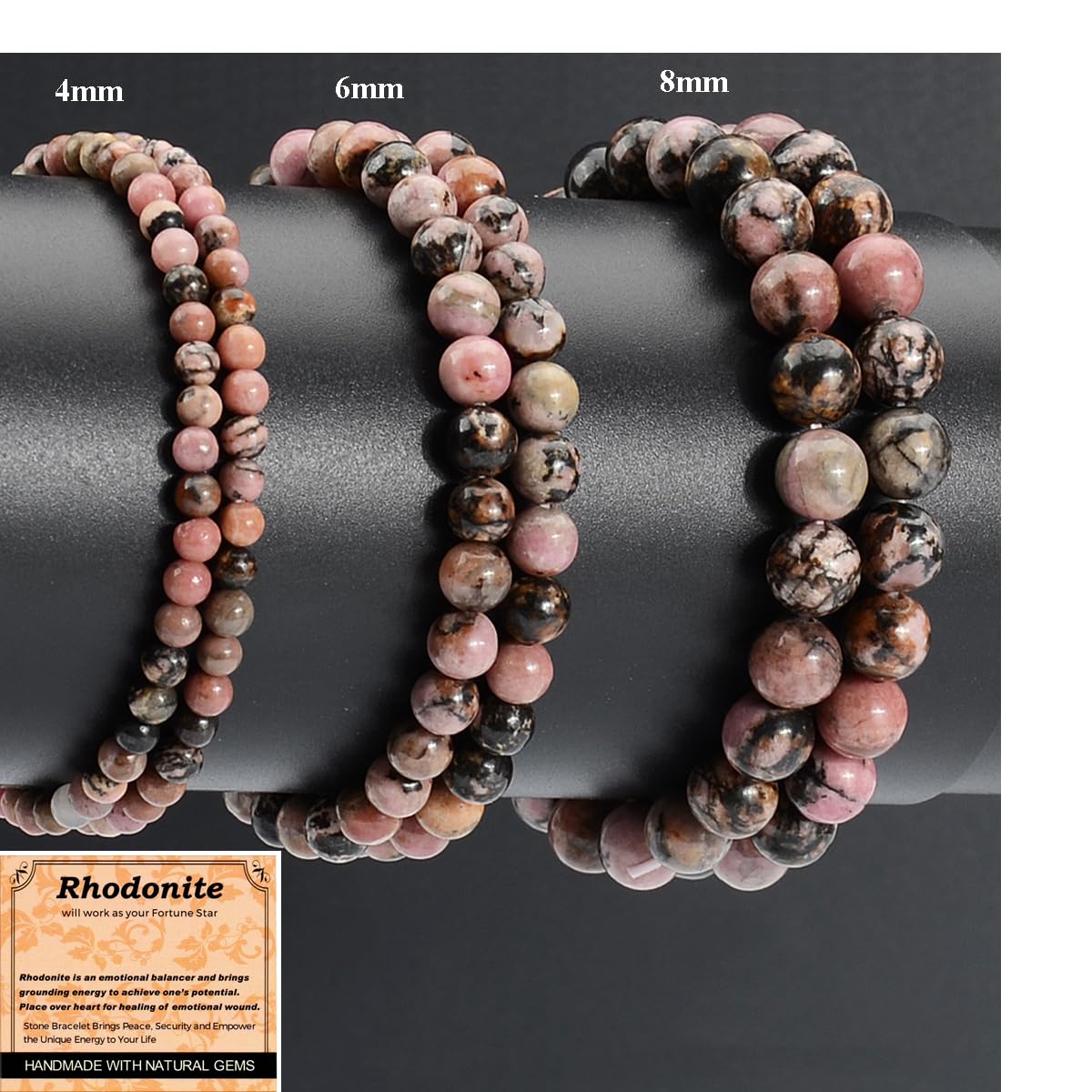 MASSIVE BEADS Pink Black Rhodonite - Stone of Fortune - Handmade Yoga Stretch Elastic Bracelet Natural Stone Crystal Healing Power Energy Gifts for Unisex Adult 4mm