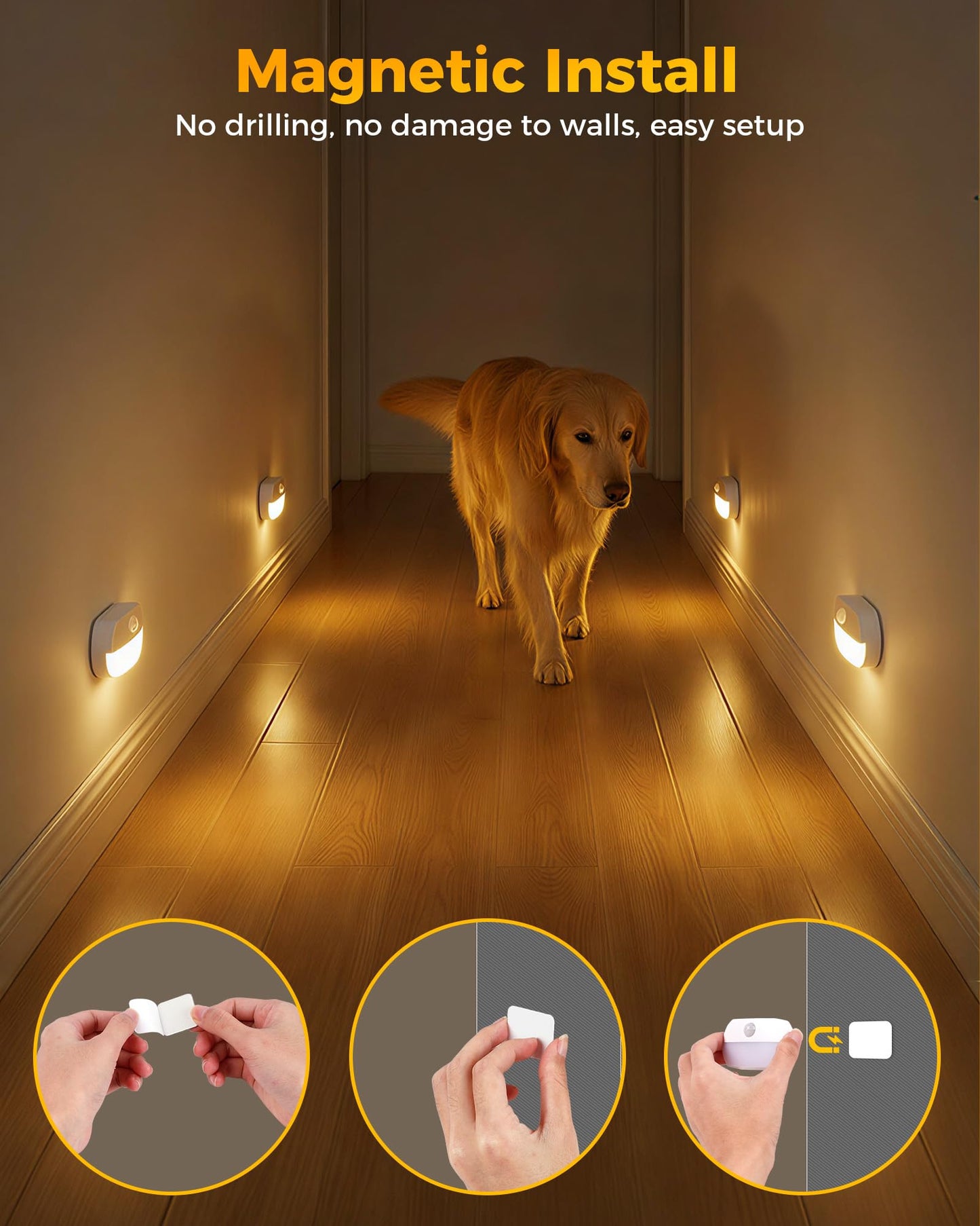 6 Pack Rechargeable Motion Sensor Stair Lights, Indoor Hallway Wall Light, Magnetic Wireless Peel and Stick On Closet Light, Battery Operated LED Night Lights for Step Bedroom Cabinet Toilet Bathroom