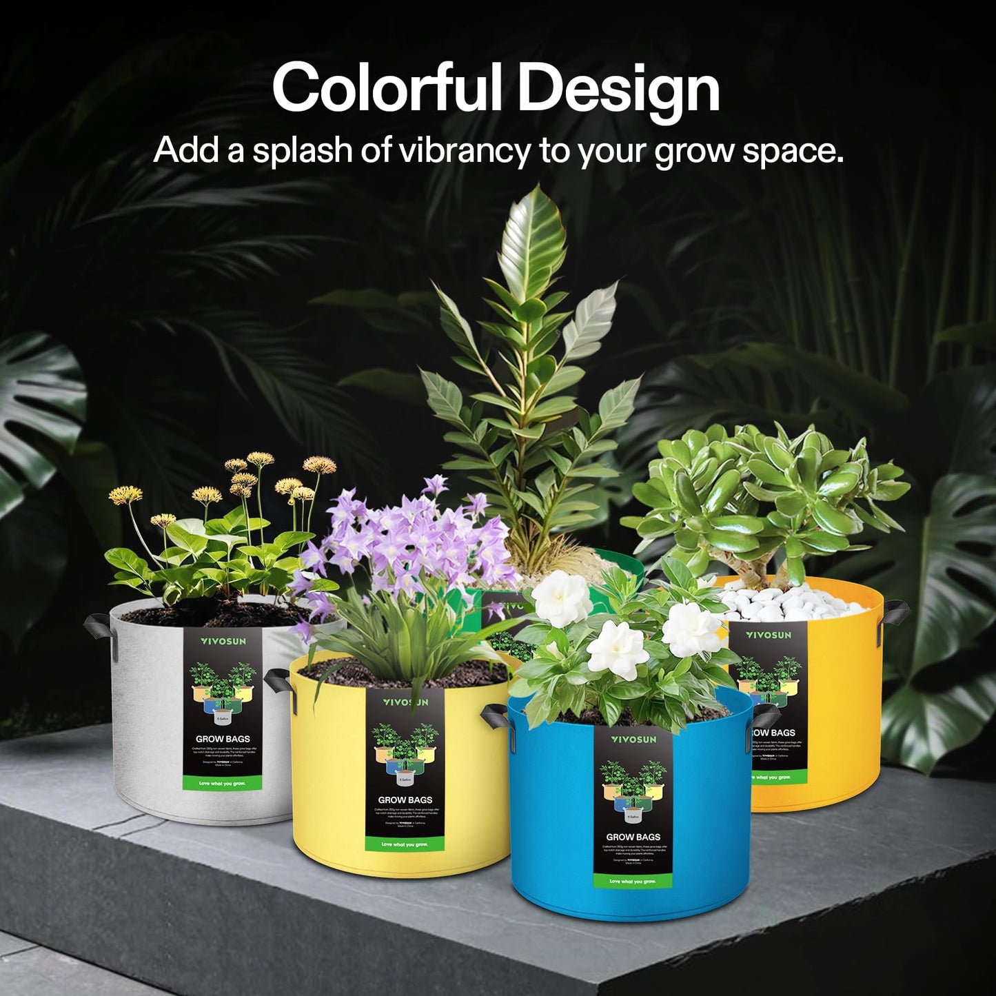 VIVOSUN 5-Pack 7-Gallon Colored Grow Bags, 350G Thick nonwoven Fabric Pots with Handles for Flowers, Fruits and Vegetables