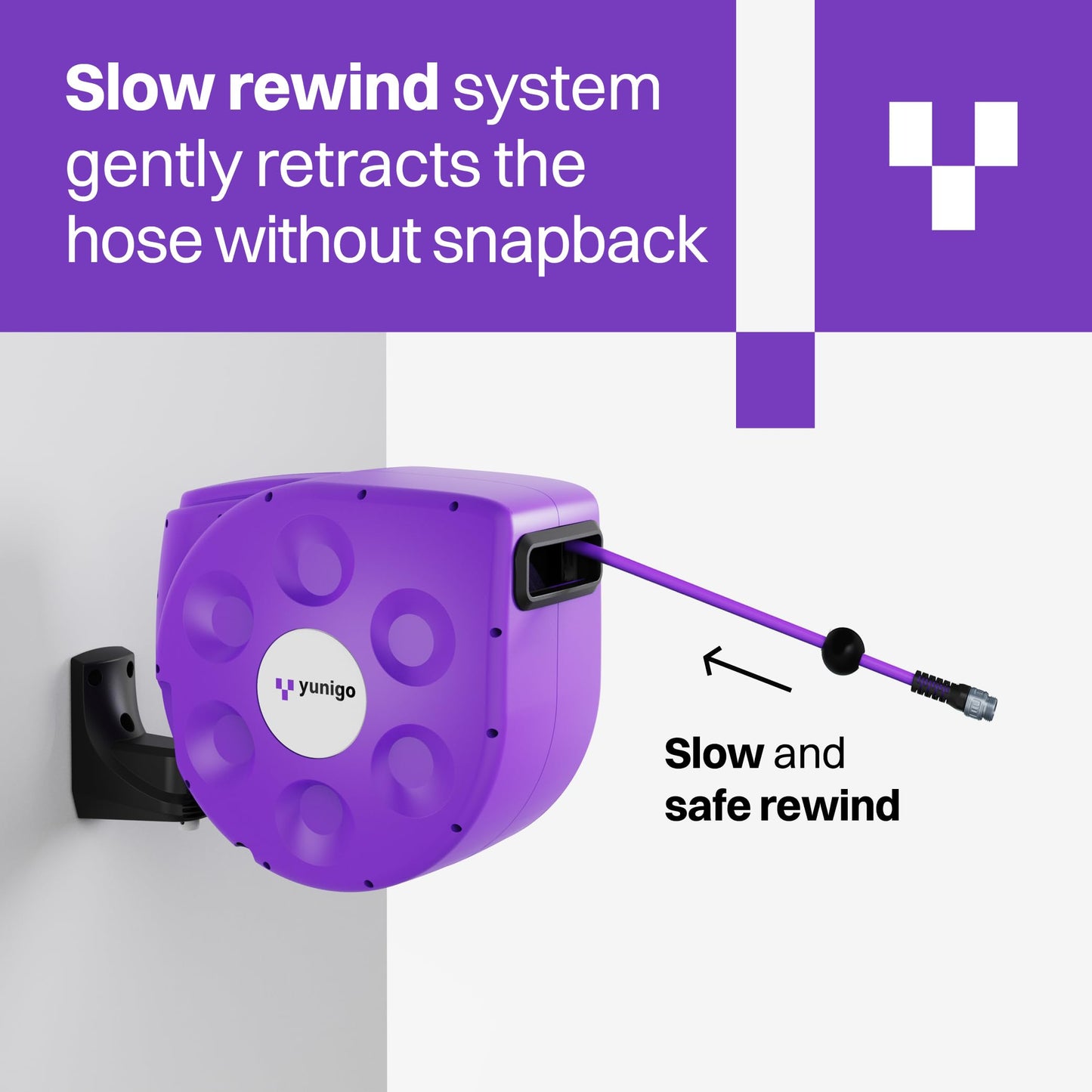 YUNIGO UNITY 100ft, Wall-Mounted Retractable Hose Reel, Slow Rewind, Complete System with Spray Nozzle, 180° Pivoting Mount, Fully Preassembled Compact System for Home & Garden Watering