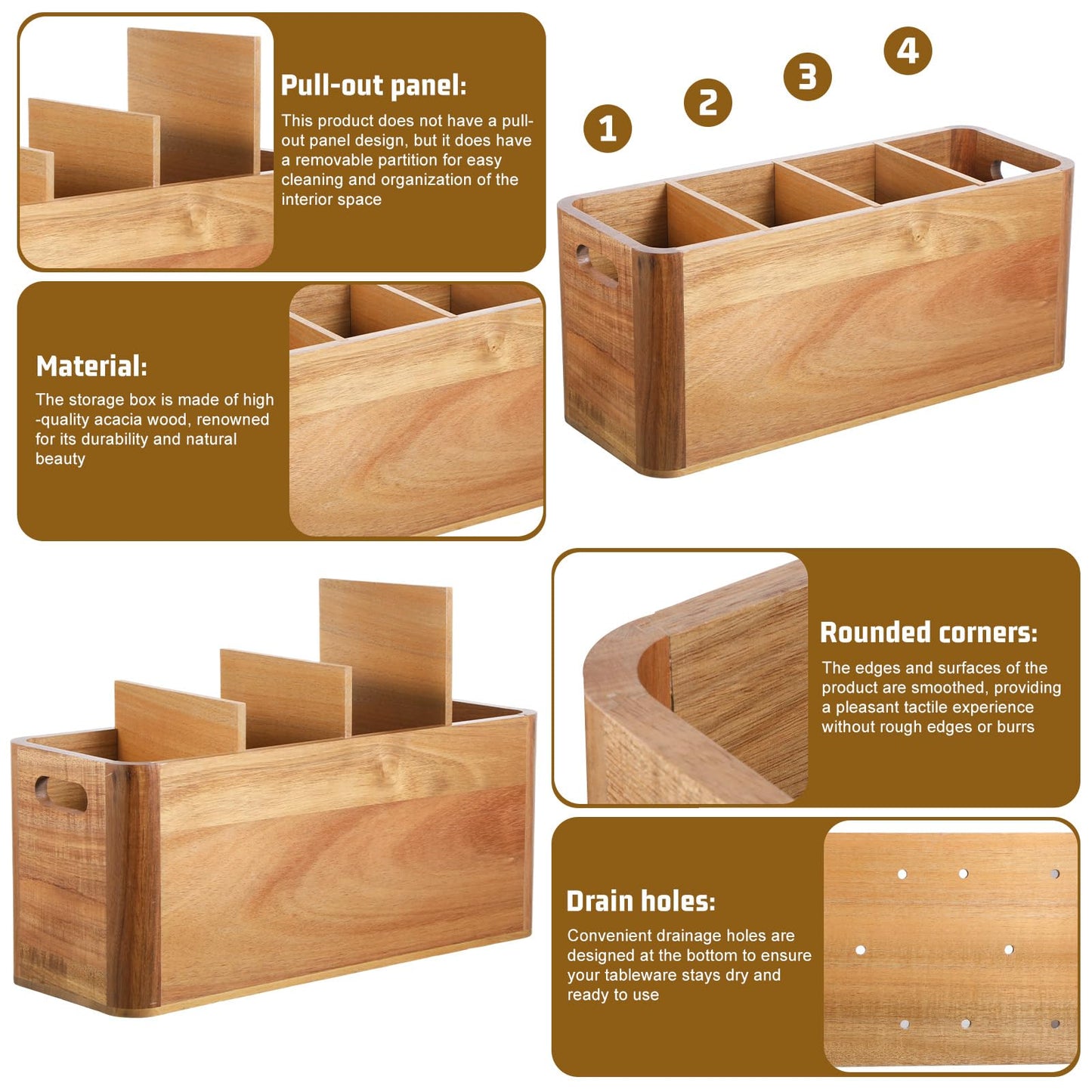 Xosjska Wooden Kitchen Utensil Holder Organizer for Counter or Countertop, Extra Large Acacia Wood Organizer with 4 Compartments for Storage Spoons and Spatulas Utensils and Cutlery Storage