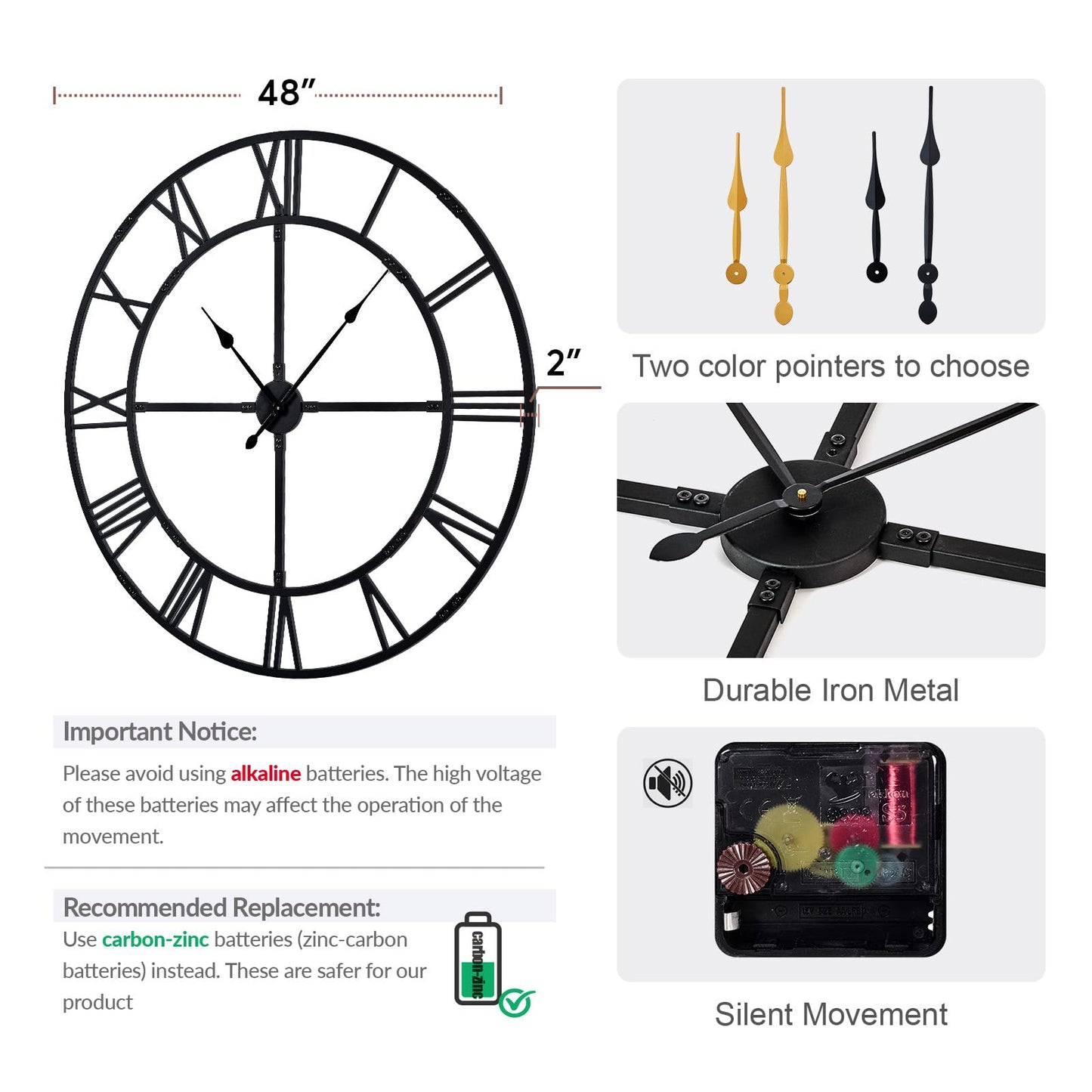 Ohweog 48 inch Oversized Easy-Assembly (KD) Wall Clock for Living Room Decor – Extra Large Silent Non-Ticking Modern Farmhouse Wall Clock, Decorative Metal Roman Numeral Clock, Black