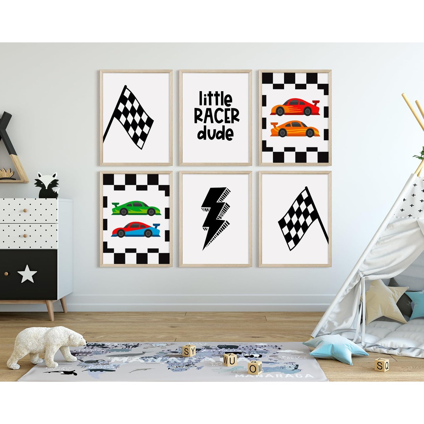 Race Car Wall Art Pictures Boys Room Wall Decor Nursery Toddler Canvas Wall Art Kids Playroom Art Prints Boys Race Car Poster Nursery Artwork Set of 6 for Bedroom 8x10 Inch Wood Framed