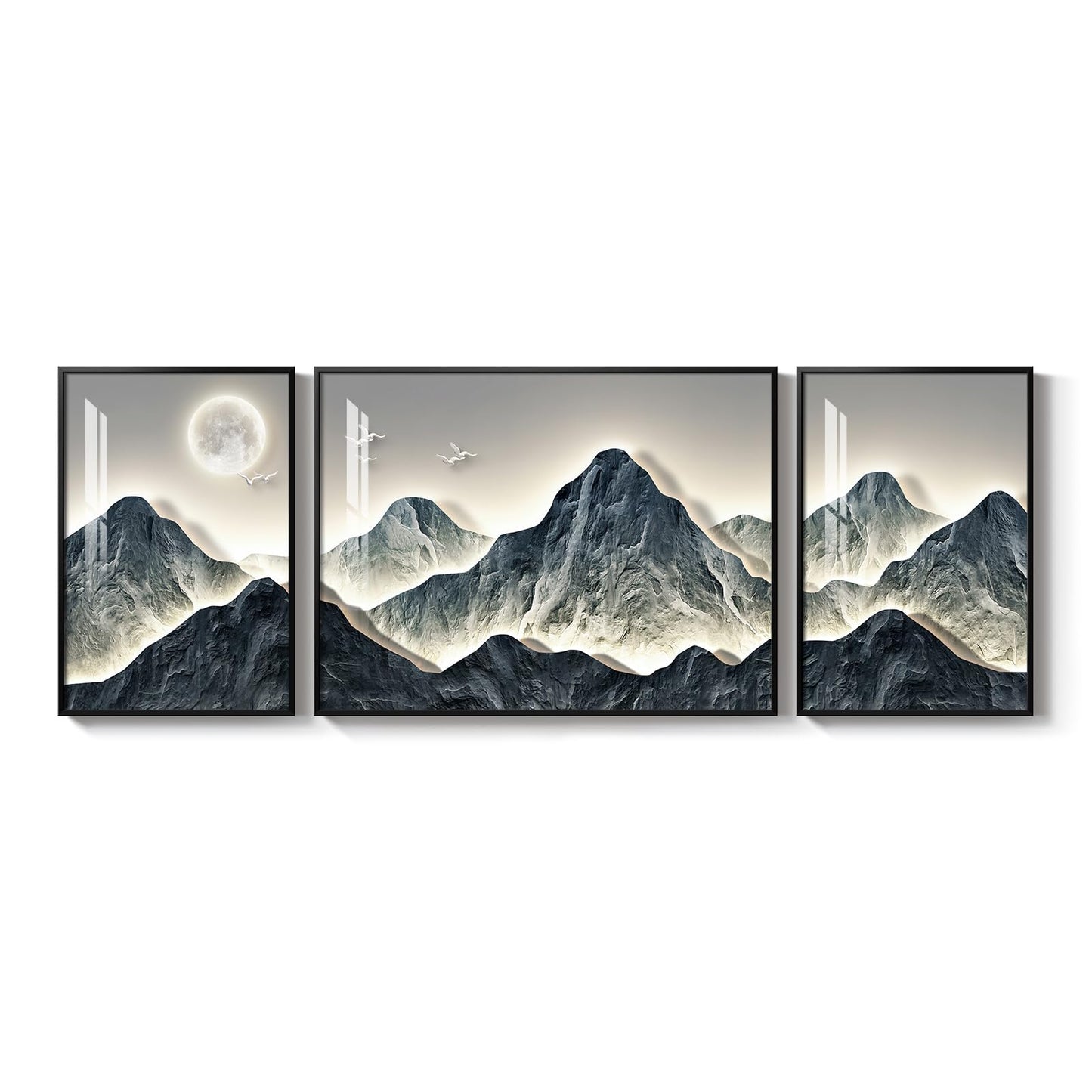 Framed Modern Mountain Wall Art for Living Room, 3 Piece Blue Luxury Bright Style Painting Prints, Landscape Moon Artwork for Dining Room Hallway Home Office Wall Decor