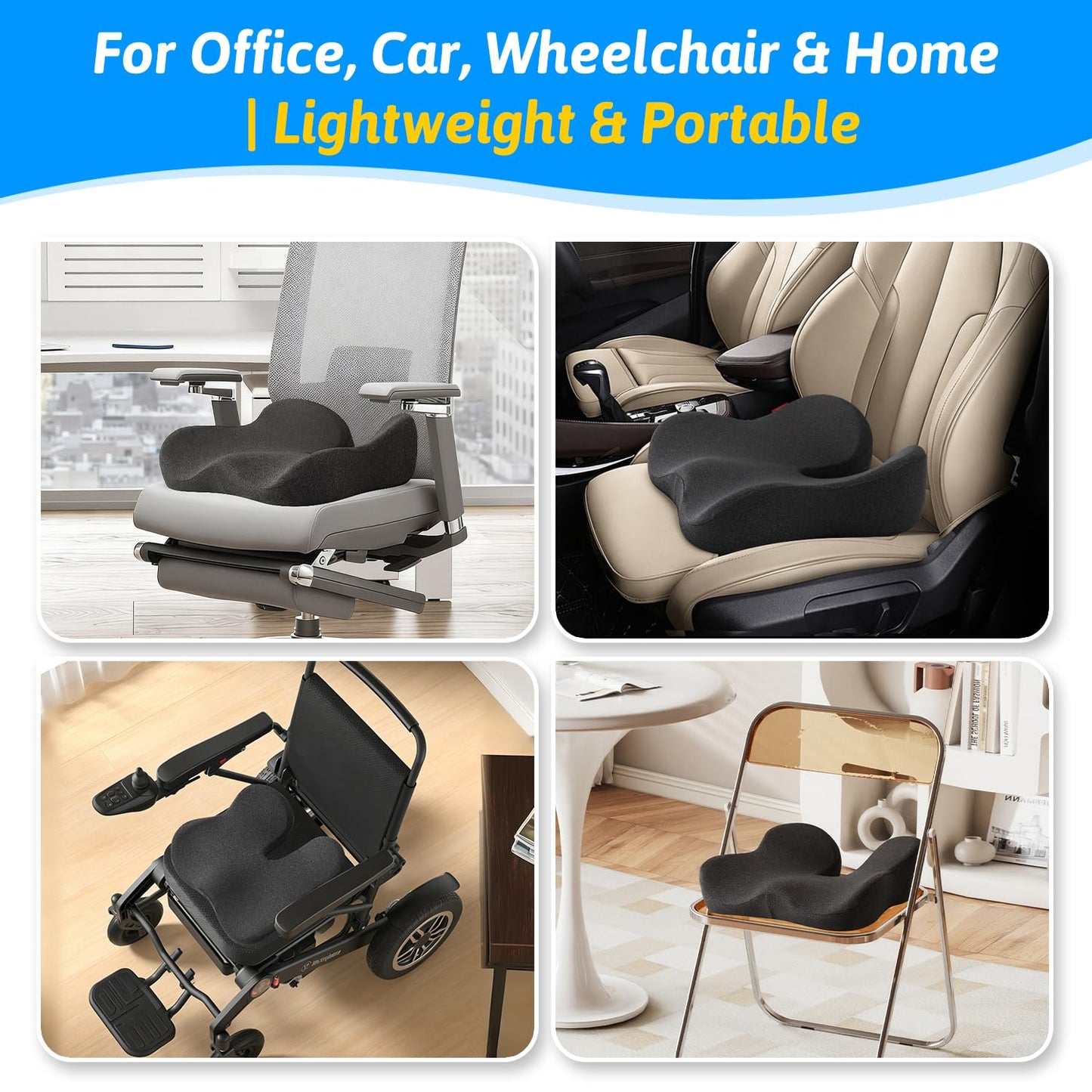 Seat Cushion for Tailbone & Sciatica Pain Relief – Certified & Ergonomist-Designed – Tapered Front Edge Reduces Thigh Pressure – Wide Memory Foam for Office Chair, Car, Wheelchair (Gray)