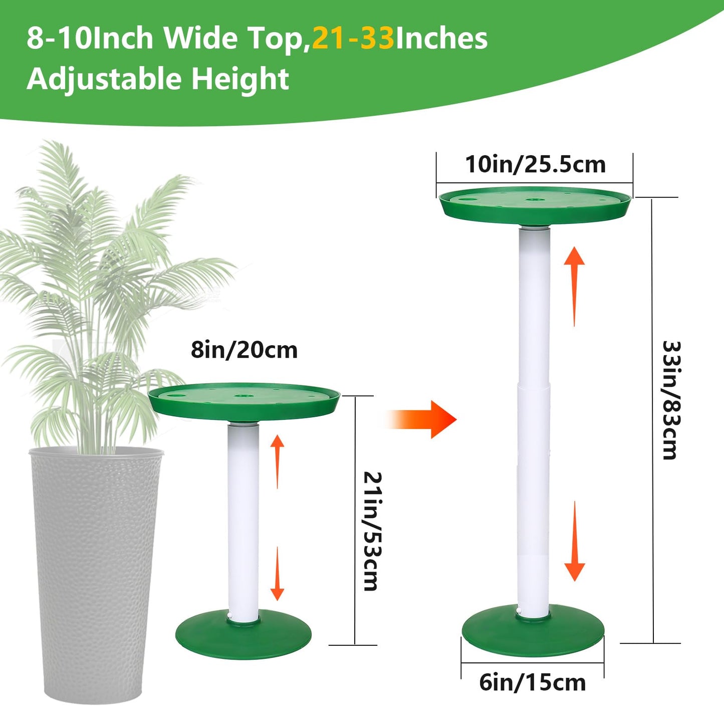 2 Pack Plant Riser Inserts for Large Pots, 8 in/10 in Interchangeable Sturdy Planter Inserts & 21 - 33 in Adjustable Height Lifters Planter Filler for Indoor & Outdoor Various Shapes Pots（Green）