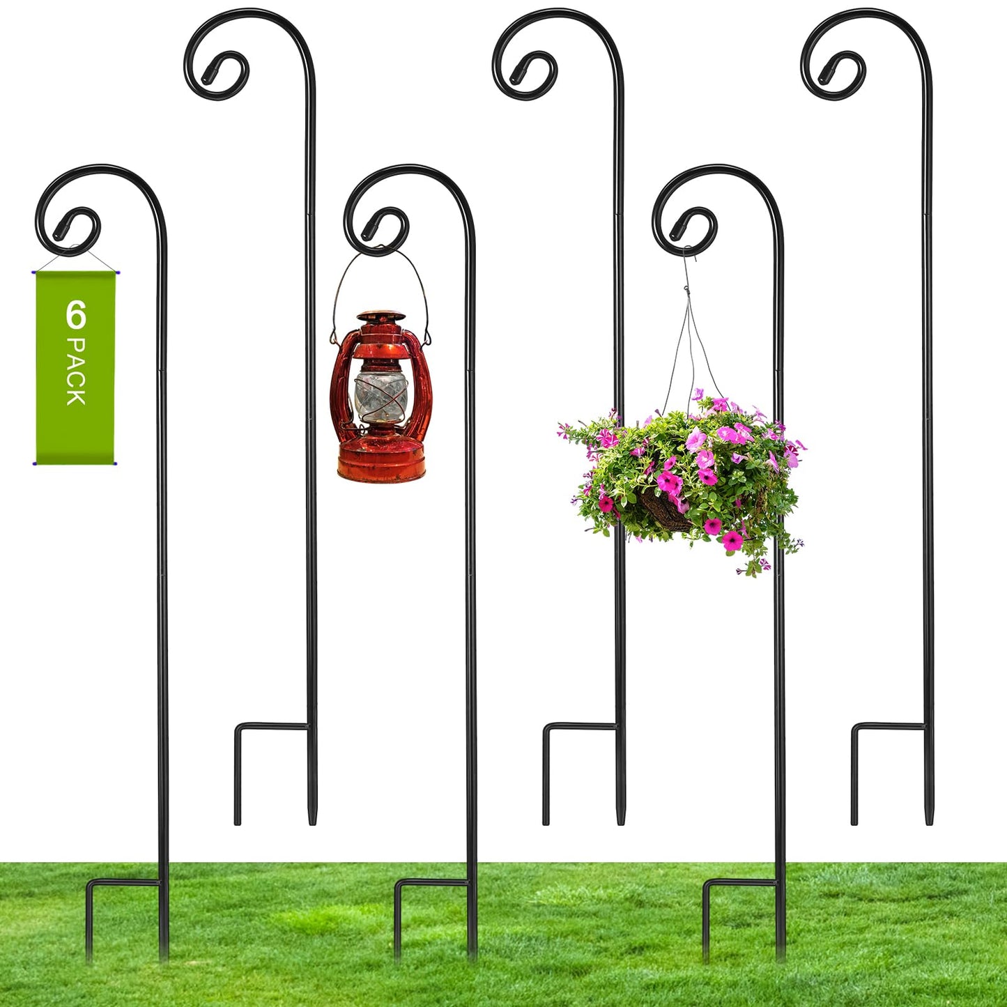 Hicarer 6 Pcs 48 Inch Shepherds Hooks for Outdoor 1/3 Inch Thick Metal Curled Garden Hooks Adjustable Bird Feeder Pole for Hanging Lanterns Plant Baskets Mason Jars Solar Lights Wedding Decor