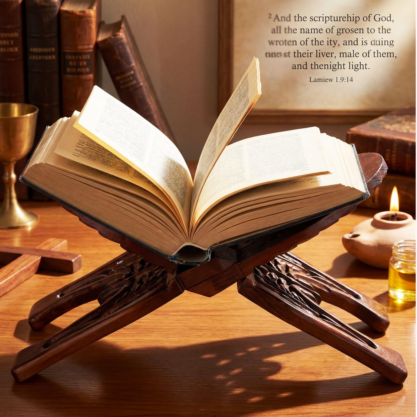Cinnvoice Quran Holder Stand Bible Holder Stand 13.4 x 8.5 x 6.3 Inches Wood Ornate Carved Missal Book Display for Ramadan Rihal Rehal Quran Bible Gita Prayer Book Display
